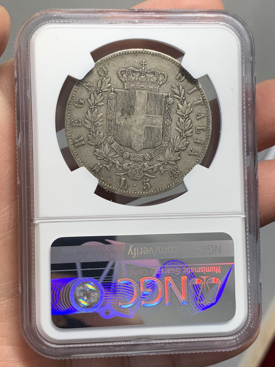 《竞宝斋》第128场-周日，周一 ，2场连拍（全场包邮） NGC XF45 意大利 1870年 BN版 艾曼纽尔二世 5里拉银币  原味包浆