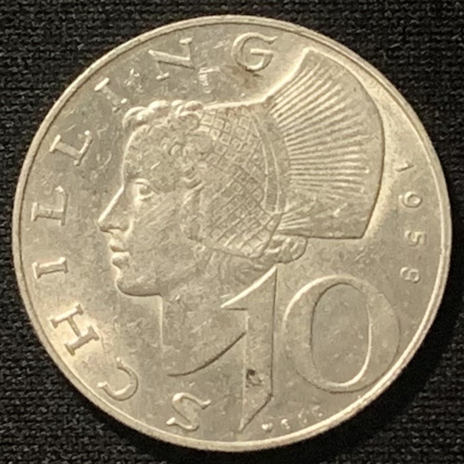 紫瑗钱币——第244期拍卖 奥地利 1958年 女神 10先令 7.5克 0.64银 UNC
