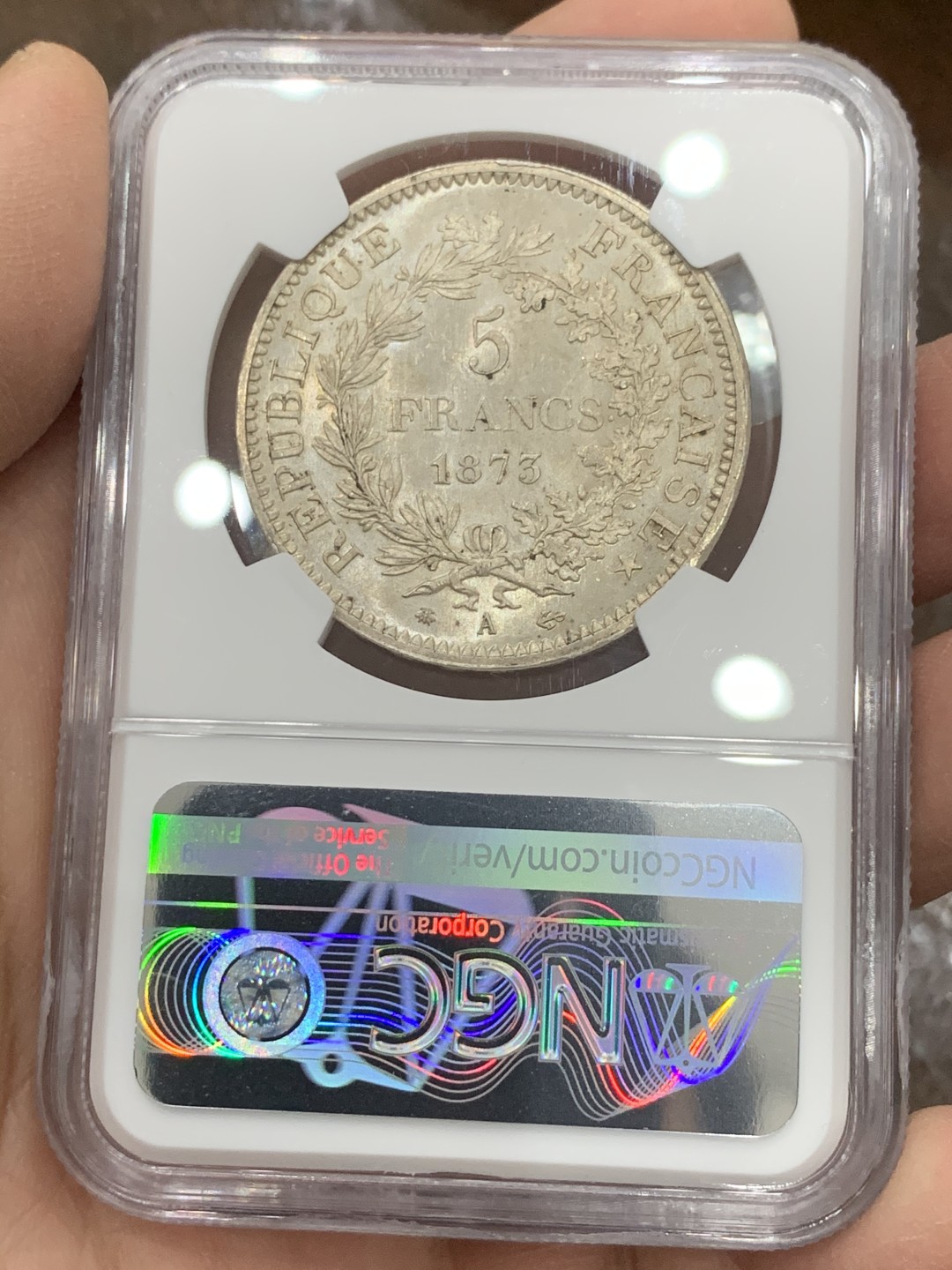 《竞宝斋》第128场-周日，周一 ，2场连拍（全场包邮） NGC MS63 法国 1873A 大力神  5法郎 银币 这个状态比较难得