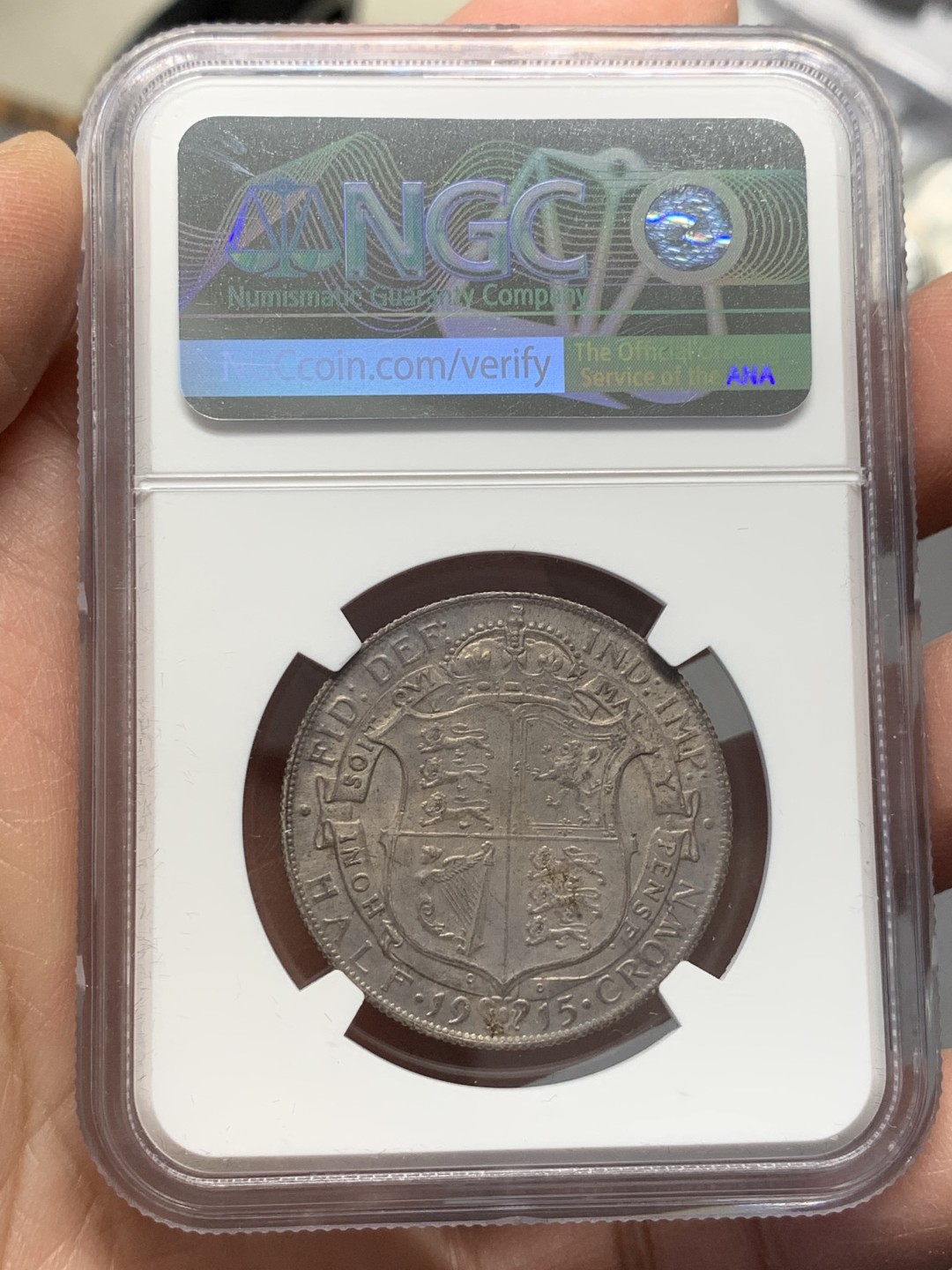 《竞宝斋》第128场-周日，周一 ，2场连拍（全场包邮） NGC MS62 英国1915年乔五半克朗银币高银版厚五彩包浆