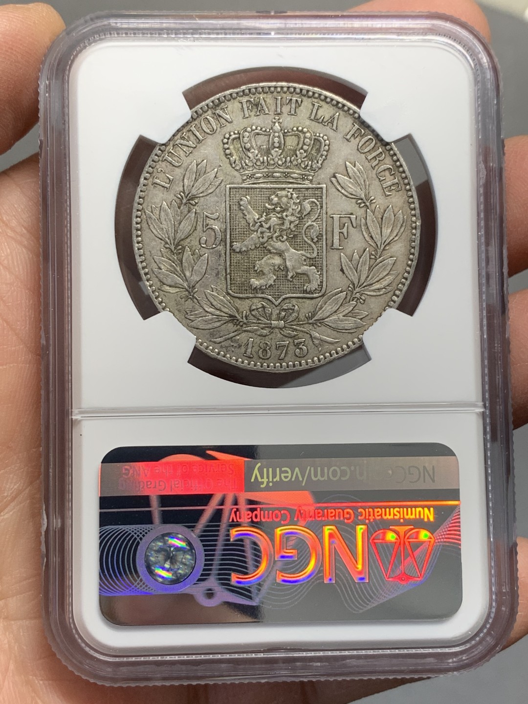 《竞宝斋》第128场-周日，周一 ，2场连拍（全场包邮） NGC-AU53 比利时1873年 利奥波德二世 5法郎大银币 原味老包浆