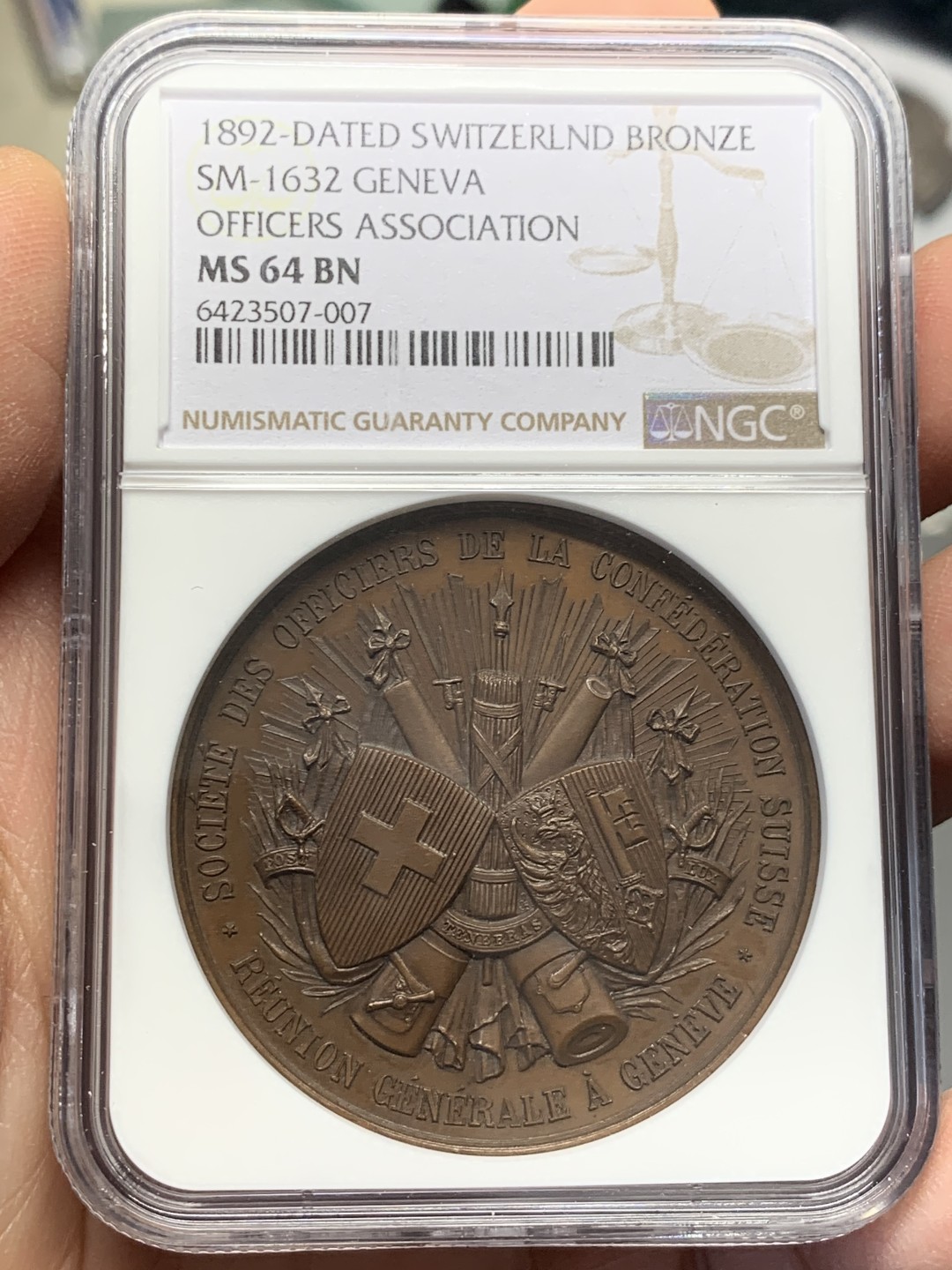 《竞宝斋》第128场-周日，周一 ，2场连拍（全场包邮） NGC MS64 1892年瑞士日内瓦联邦纪念铜章 双面精美高浮雕 难得顶级品相状态