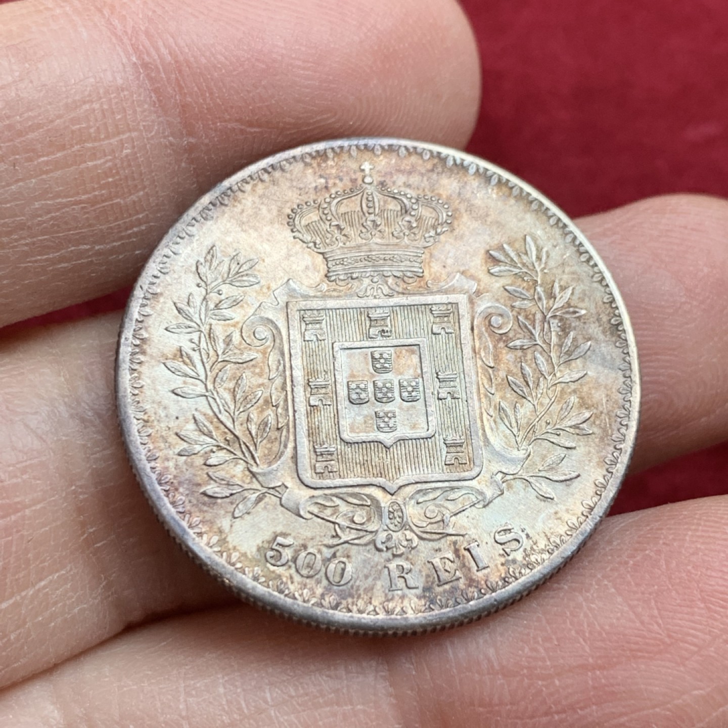 《竞宝斋》第128场-周日，周一 ，2场连拍（全场包邮） 1891年 葡萄牙500瑞斯 银币 带彩 半元型 头发无磨损 难得