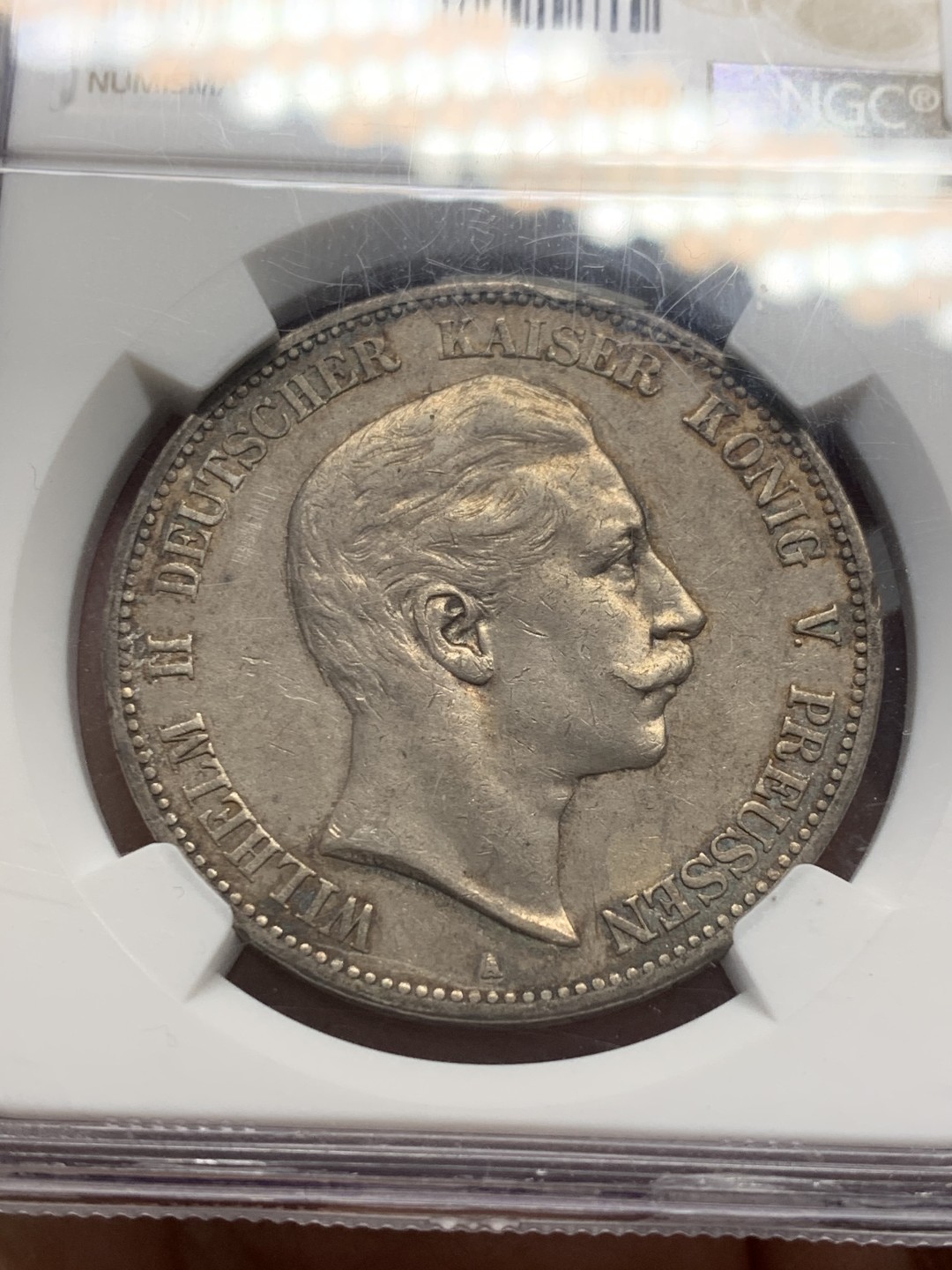 《竞宝斋》第128场-周日，周一 ，2场连拍（全场包邮） NGC-AUD 德国 1907年 普鲁士 威廉二世 大头5马克银币 带淡灰色包浆 细节好