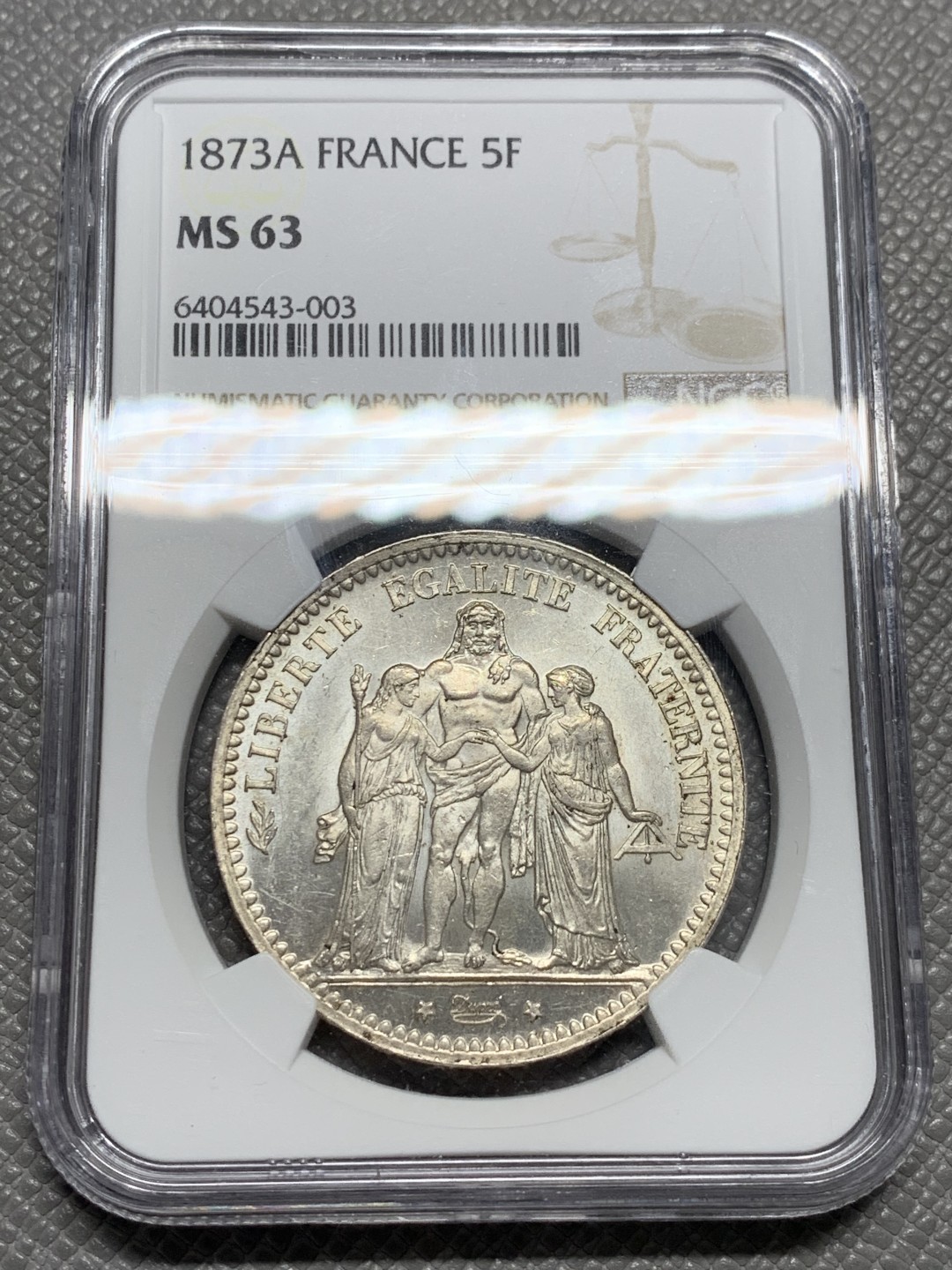 《竞宝斋》第128场-周日，周一 ，2场连拍（全场包邮） NGC MS63 法国 1873A 大力神  5法郎 银币 这个状态比较难得