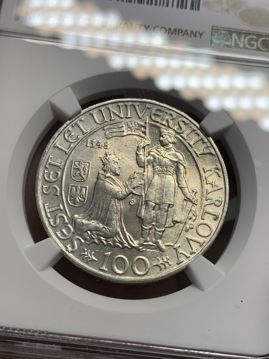 《竞宝斋》第128场-周日，周一 ，2场连拍（全场包邮） NGC-UNC 捷克斯洛伐克1948年查理大学600周年100克朗银币