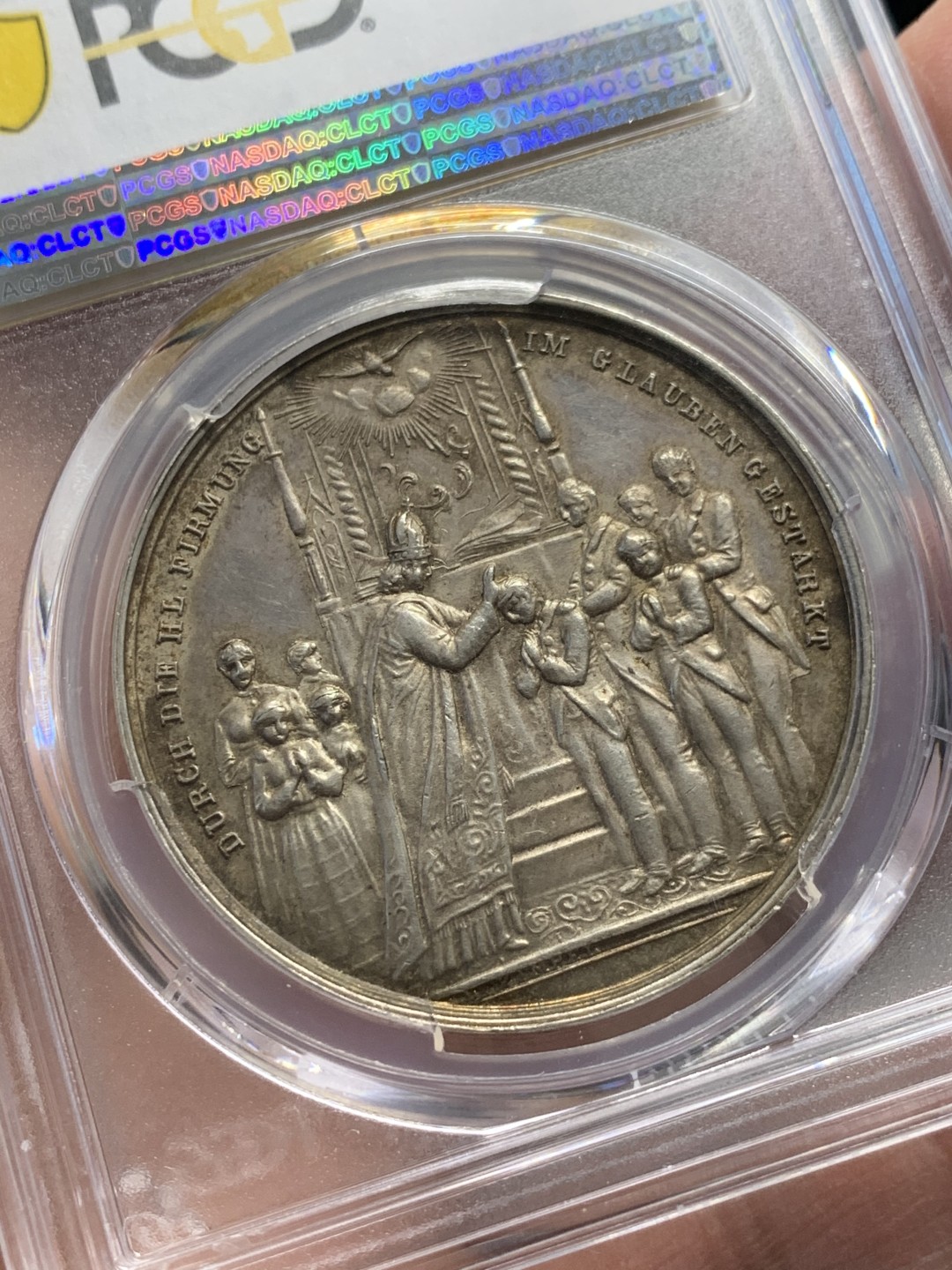 《竞宝斋》第128场-周日，周一 ，2场连拍（全场包邮） PCGS SP63 19世纪奥地利宗教洗礼银章 稀少品种 双面设计都很别致