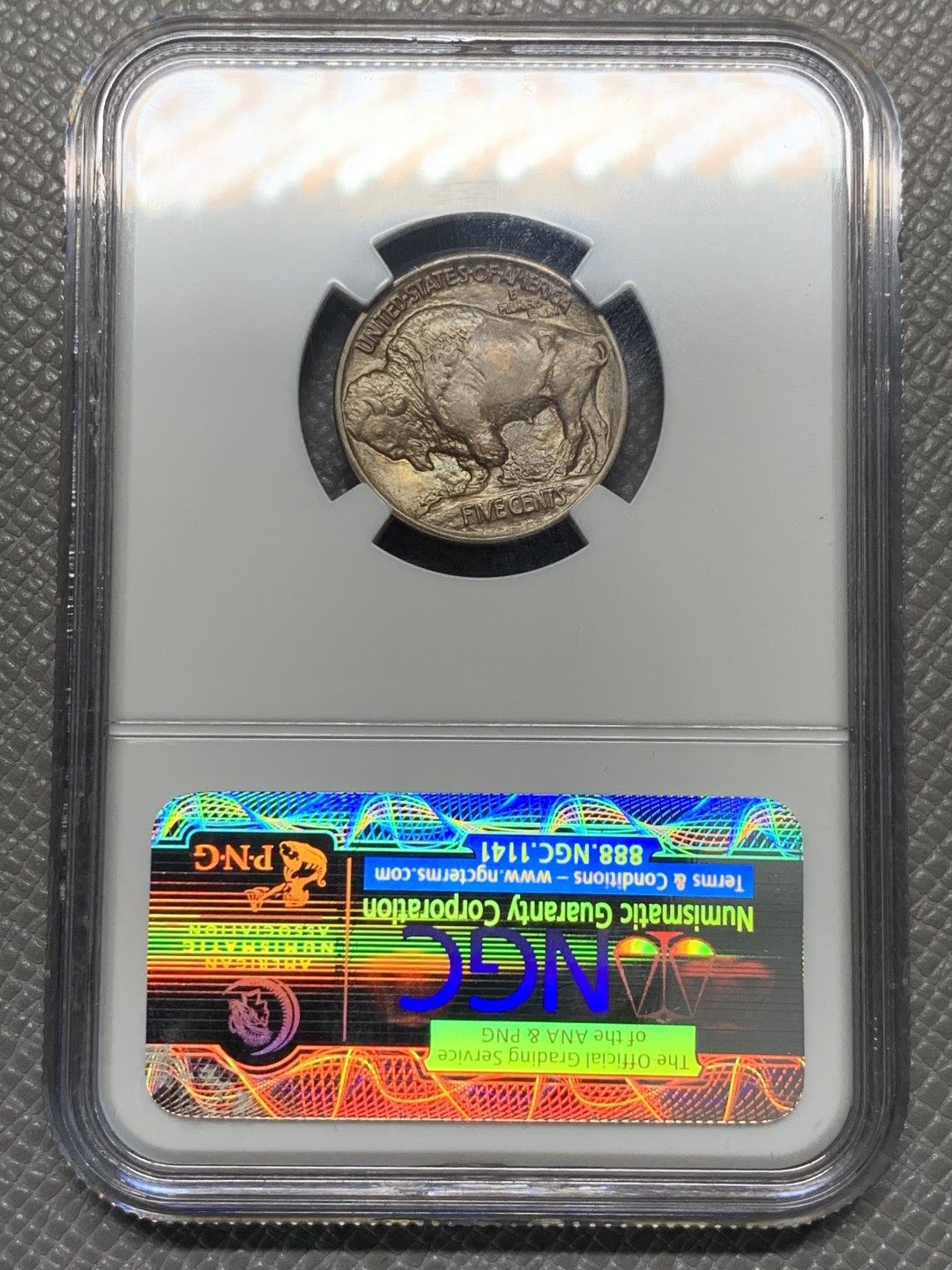 《竞宝斋》第128场-周日，周一 ，2场连拍（全场包邮） NGC MS65 美国 1913年 印第安 牦牛 5分 早期年份 N老盒 状态很不错