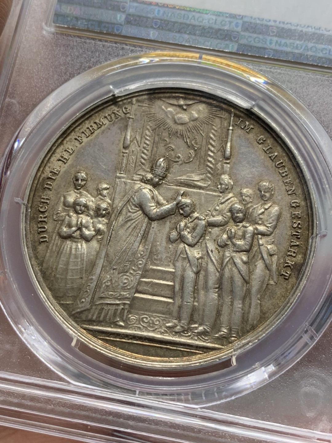 《竞宝斋》第128场-周日，周一 ，2场连拍（全场包邮） PCGS SP63 19世纪奥地利宗教洗礼银章 稀少品种 双面设计都很别致