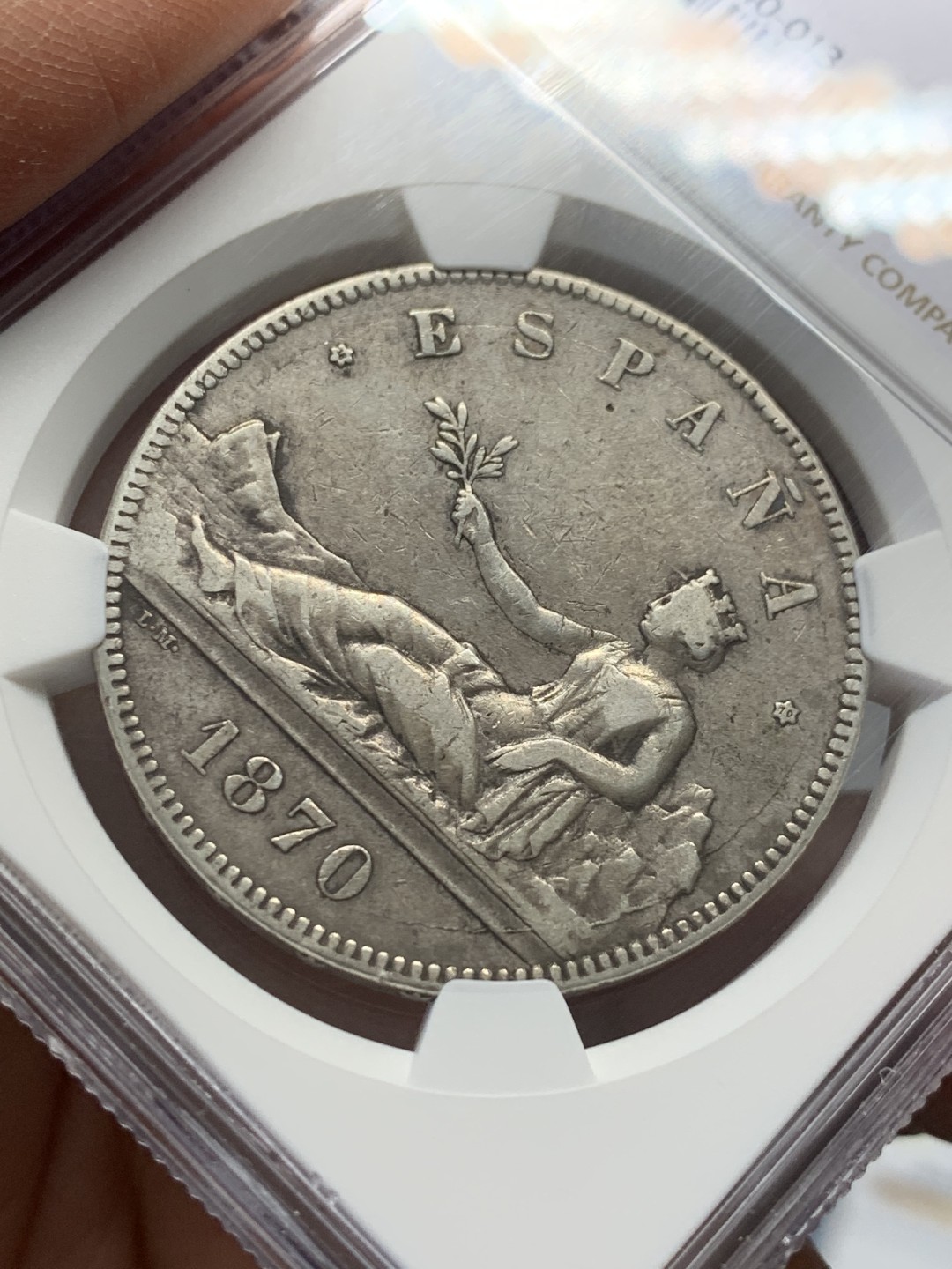 《竞宝斋》第128场-周日，周一 ，2场连拍（全场包邮） NGC-XF40 西班牙1870年 坐人拿花 5比塞塔大银币 原味好品