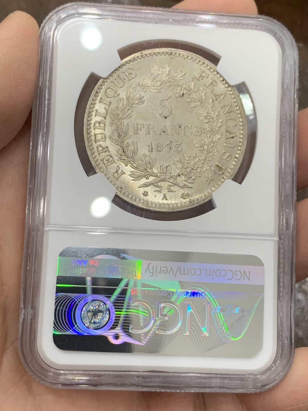 《竞宝斋》第128场-周日，周一 ，2场连拍（全场包邮） NGC MS63 法国 1873A 大力神  5法郎 银币 这个状态比较难得