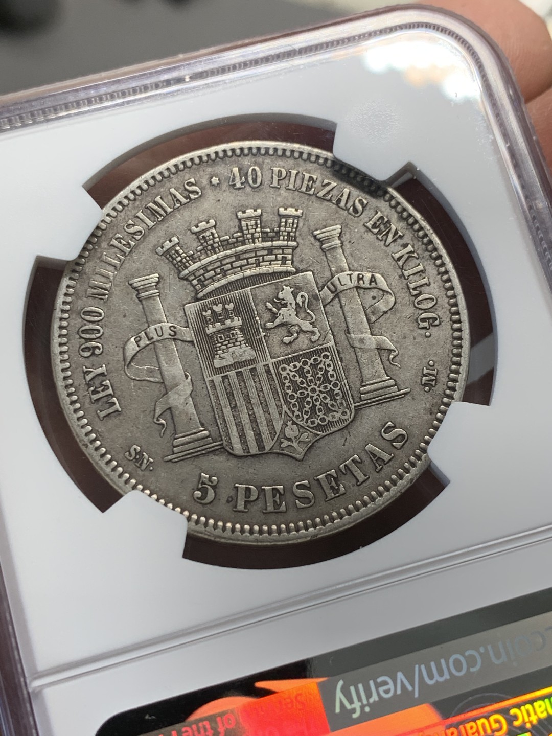 《竞宝斋》第128场-周日，周一 ，2场连拍（全场包邮） NGC-XF40 西班牙1870年 坐人拿花 5比塞塔大银币 原味好品