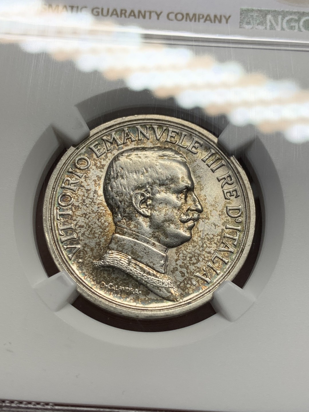 《竞宝斋》第128场-周日，周一 ，2场连拍（全场包邮） NGC UNC 意大利1914年 2里拉马车女神银币 人面形成美丽的五彩包浆 底板不错