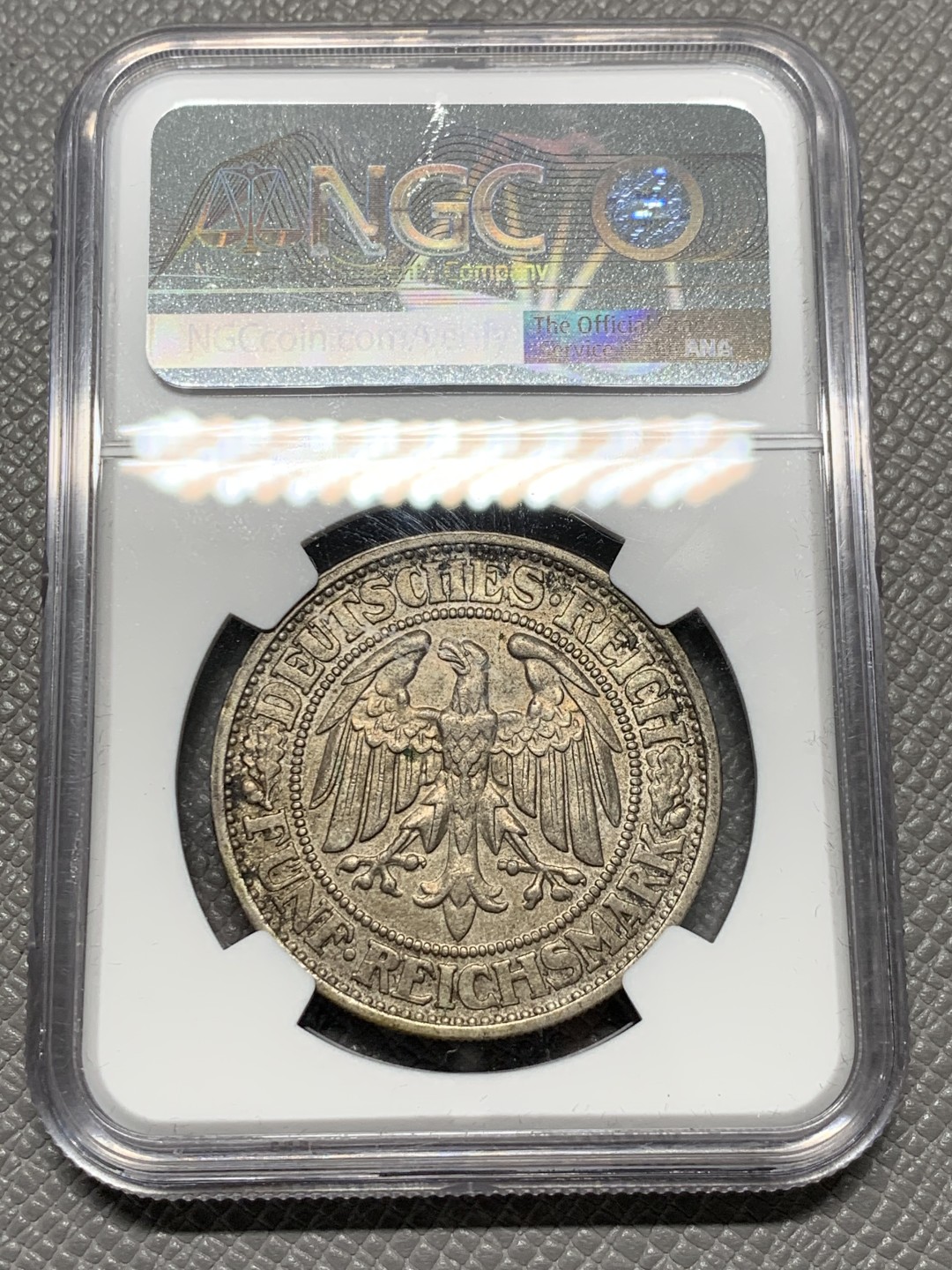 《竞宝斋》第128场-周日，周一 ，2场连拍（全场包邮） NGC MS62 德国1932年橡树5马克大银币老包浆