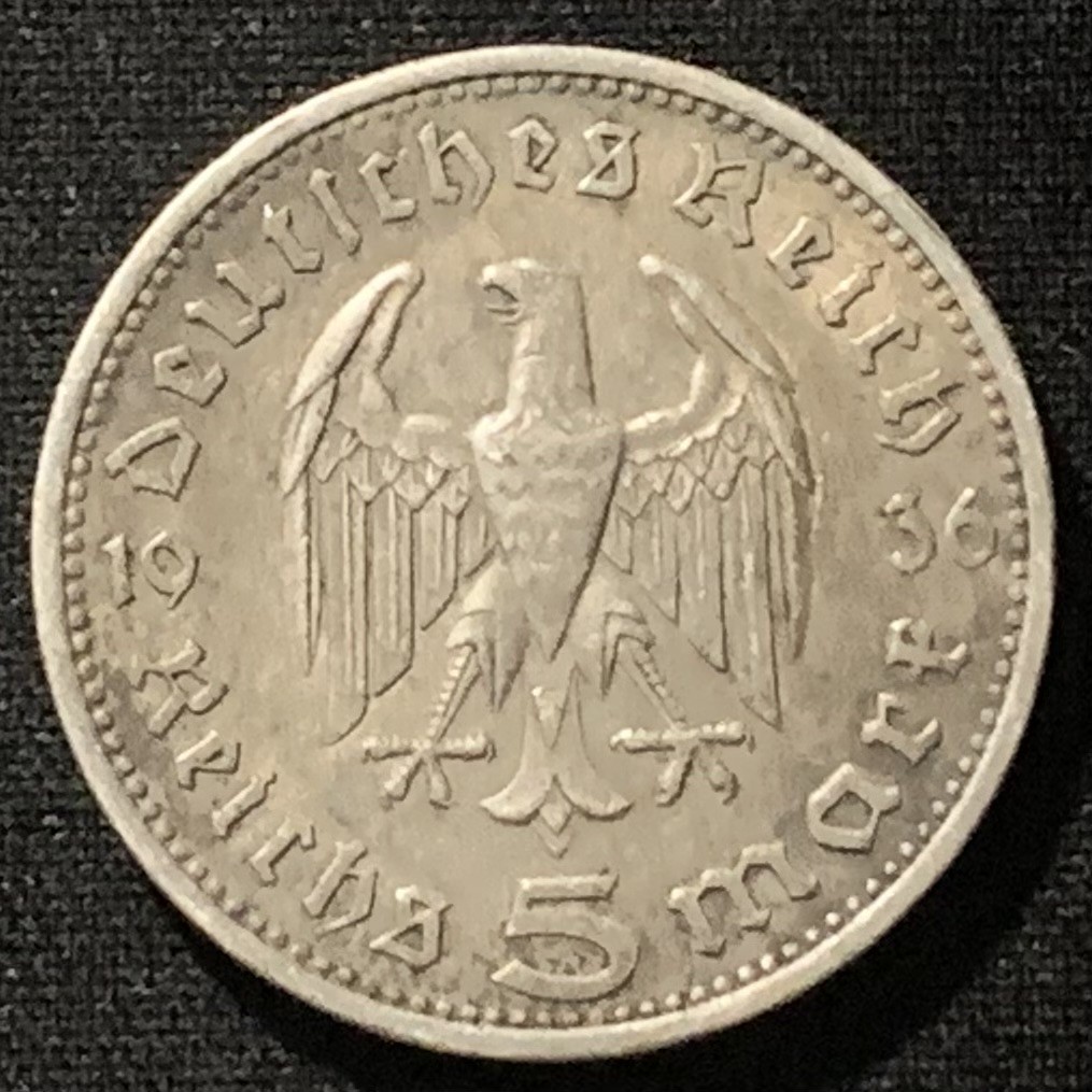 紫瑗钱币——第244期拍卖 德国 1936年 A版 兴登堡 5马克 13.88克 0.9银