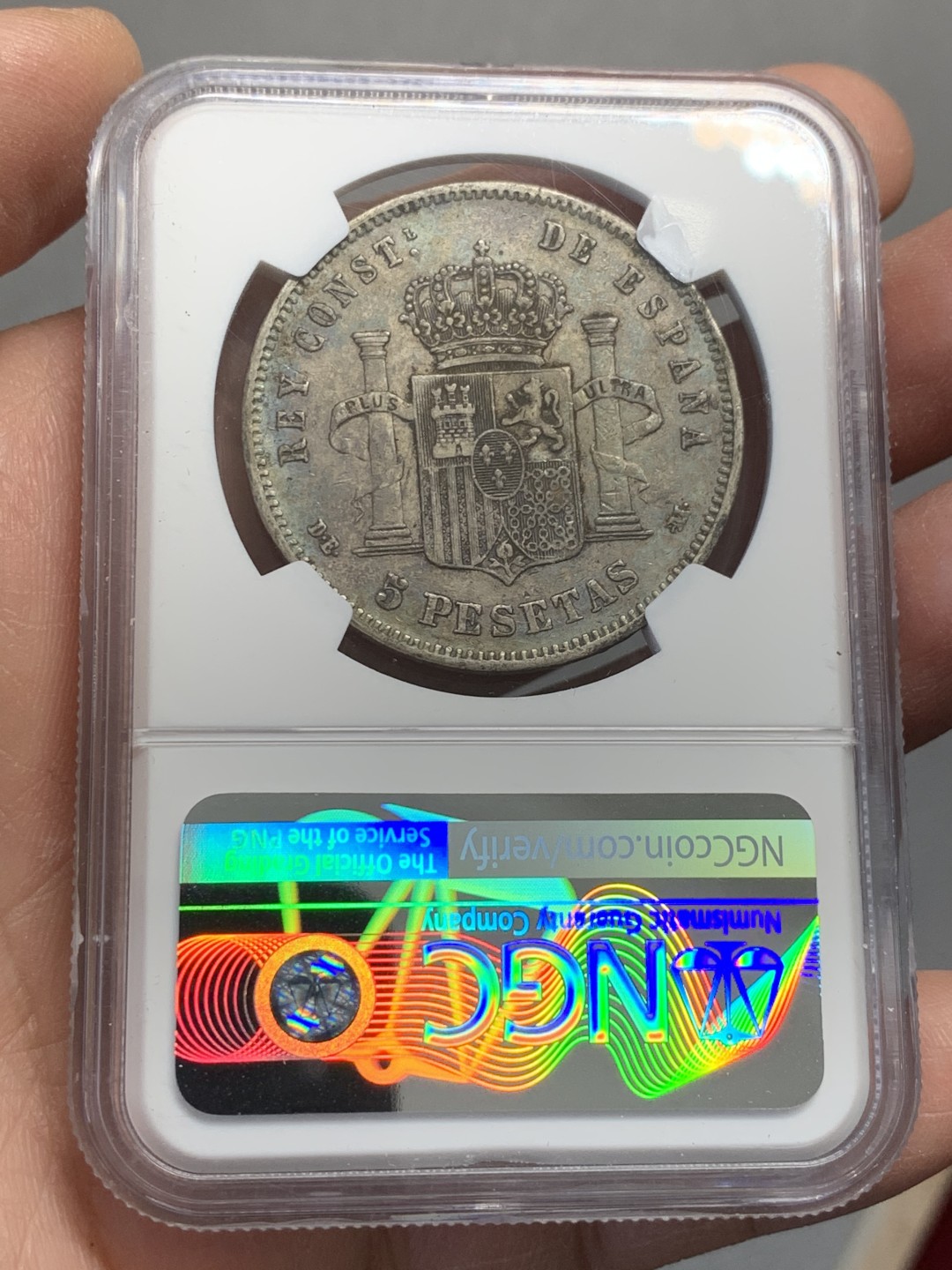 《竞宝斋》第128场-周日，周一 ，2场连拍（全场包邮） NGC XF45 西班牙 1878年 阿方索十二世 5比塞塔银币