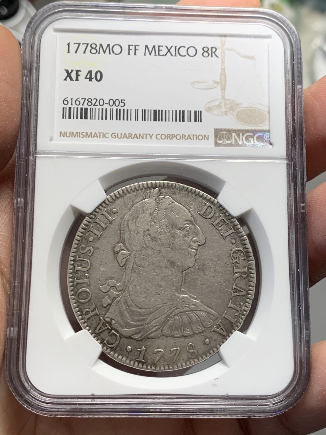 《竞宝斋》第128场-周日，周一 ，2场连拍（全场包邮） NGC XF40  1778年 墨西哥卡三大银币，有分难得，状态不错