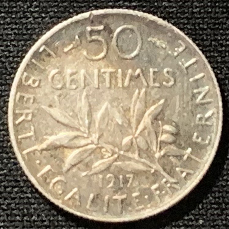 紫瑗钱币——第244期拍卖 法国 1917年 播种女神 50分 2.5克 0.835银 漆黑包浆