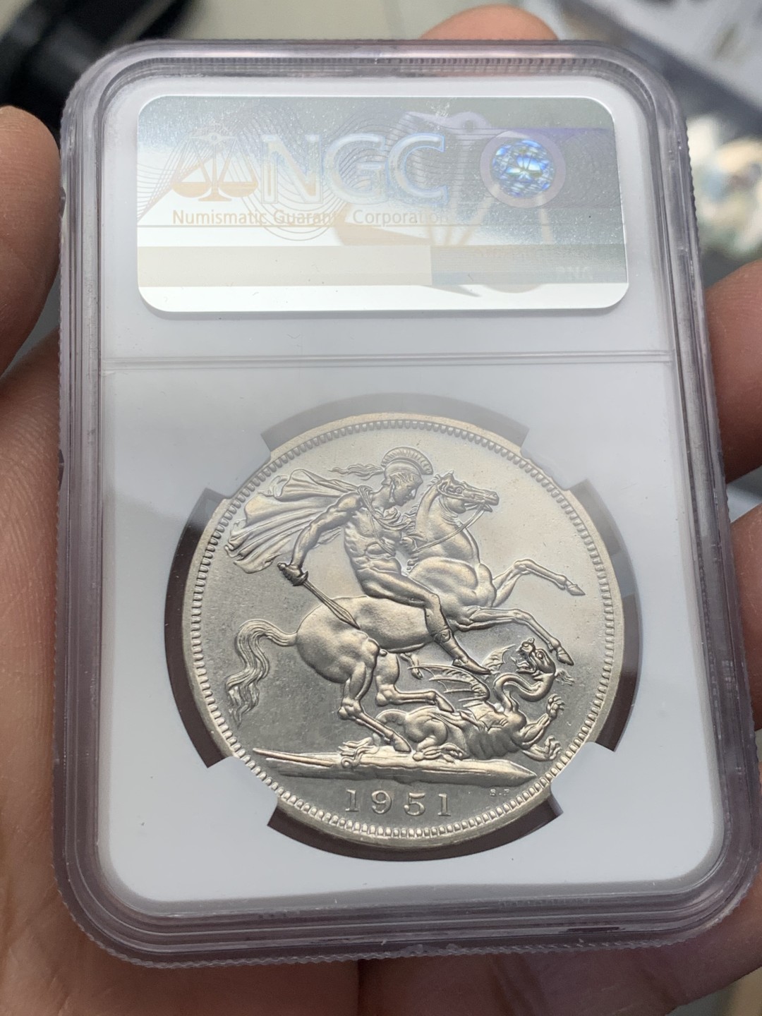 《竞宝斋》第128场-周日，周一 ，2场连拍（全场包邮） NGC-PL63 英国 1951年 1克朗 乔六镍马剑类精制币 值得收藏的马剑