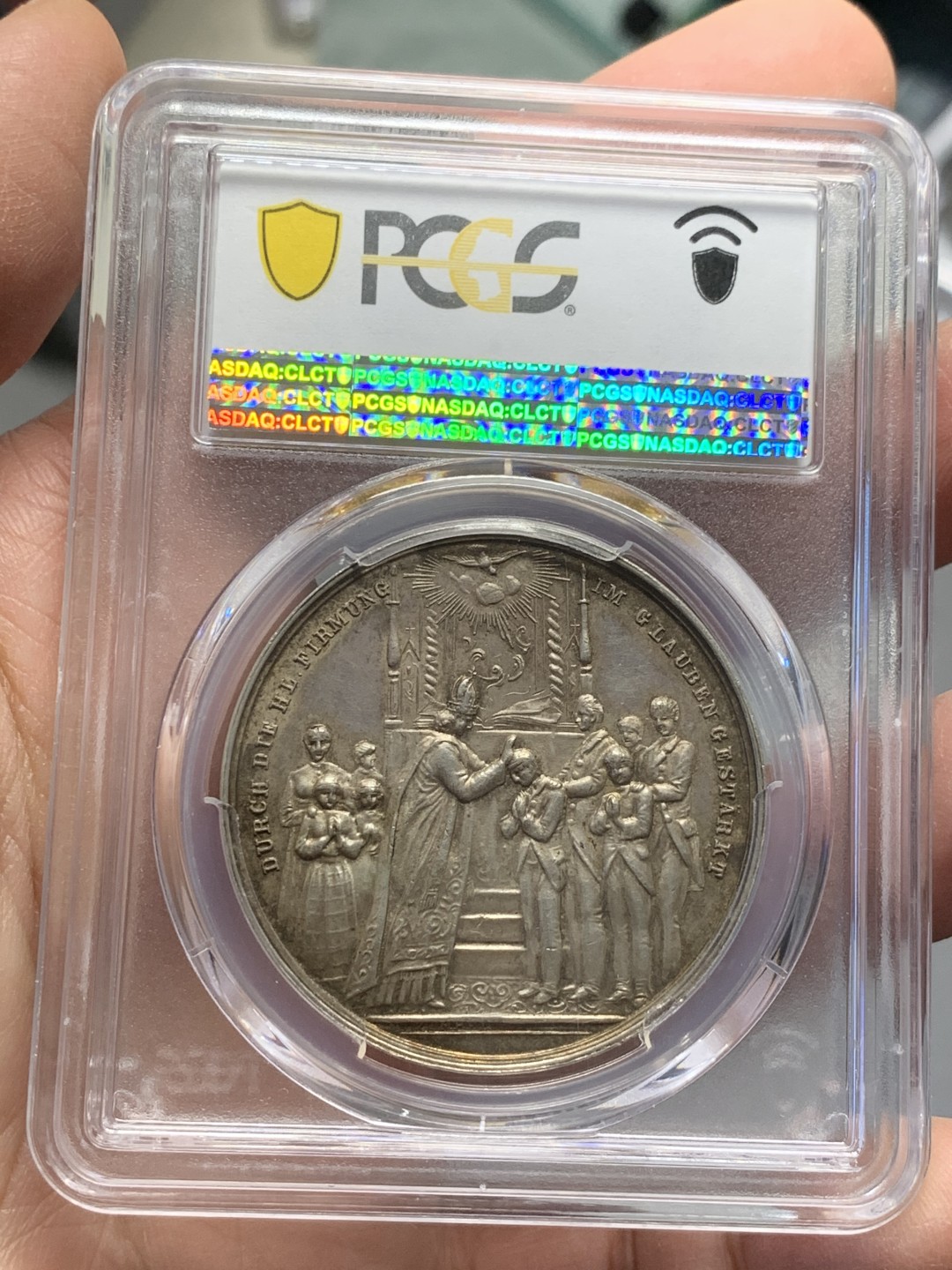 《竞宝斋》第128场-周日，周一 ，2场连拍（全场包邮） PCGS SP63 19世纪奥地利宗教洗礼银章 稀少品种 双面设计都很别致