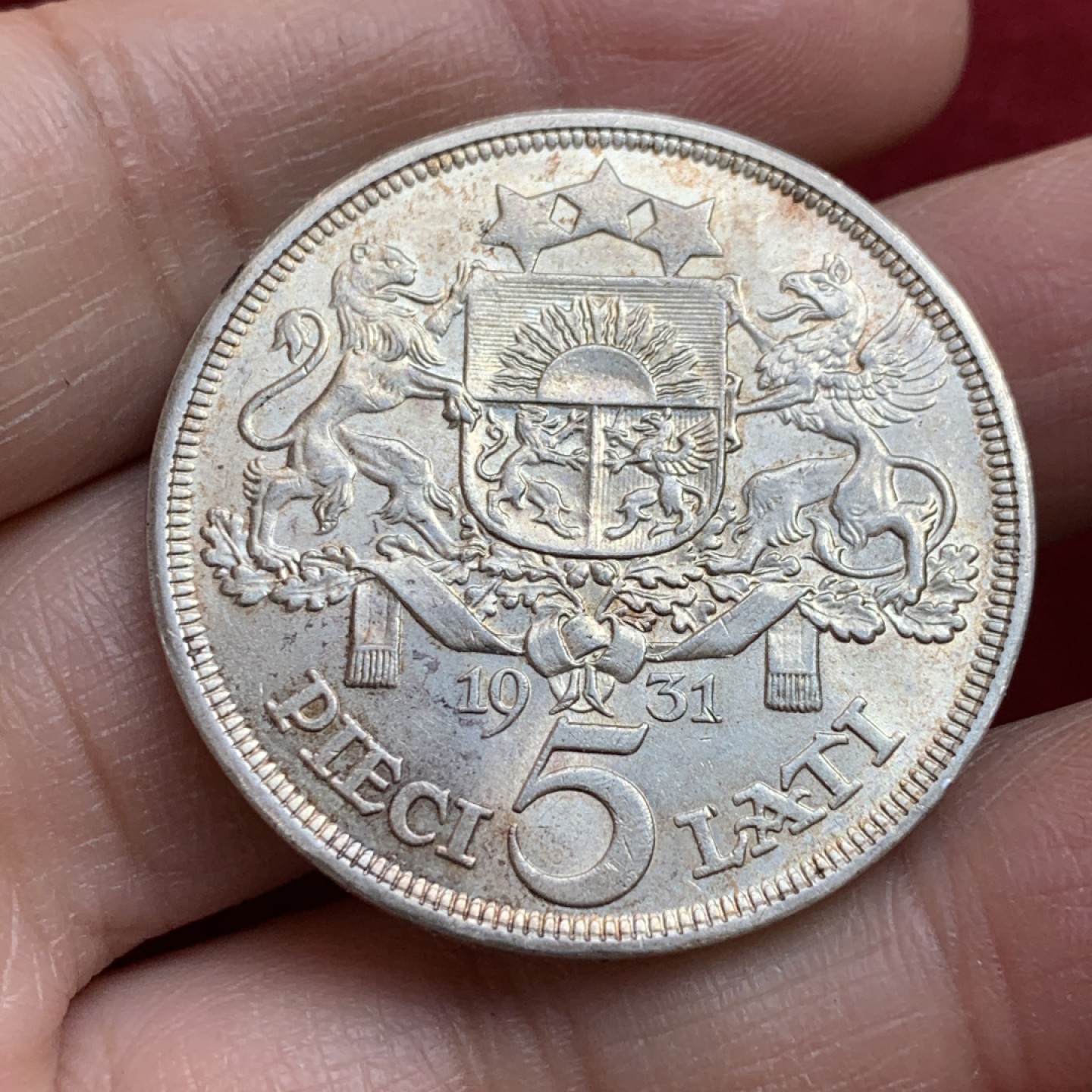 《竞宝斋》第128场-周日，周一 ，2场连拍（全场包邮） 拉脱维亚 1931年5立特 银币 谷物女神 丝滑包浆 暴涨品种