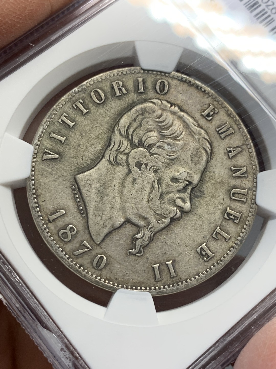 《竞宝斋》第128场-周日，周一 ，2场连拍（全场包邮） NGC XF45 意大利 1870年 BN版 艾曼纽尔二世 5里拉银币  原味包浆