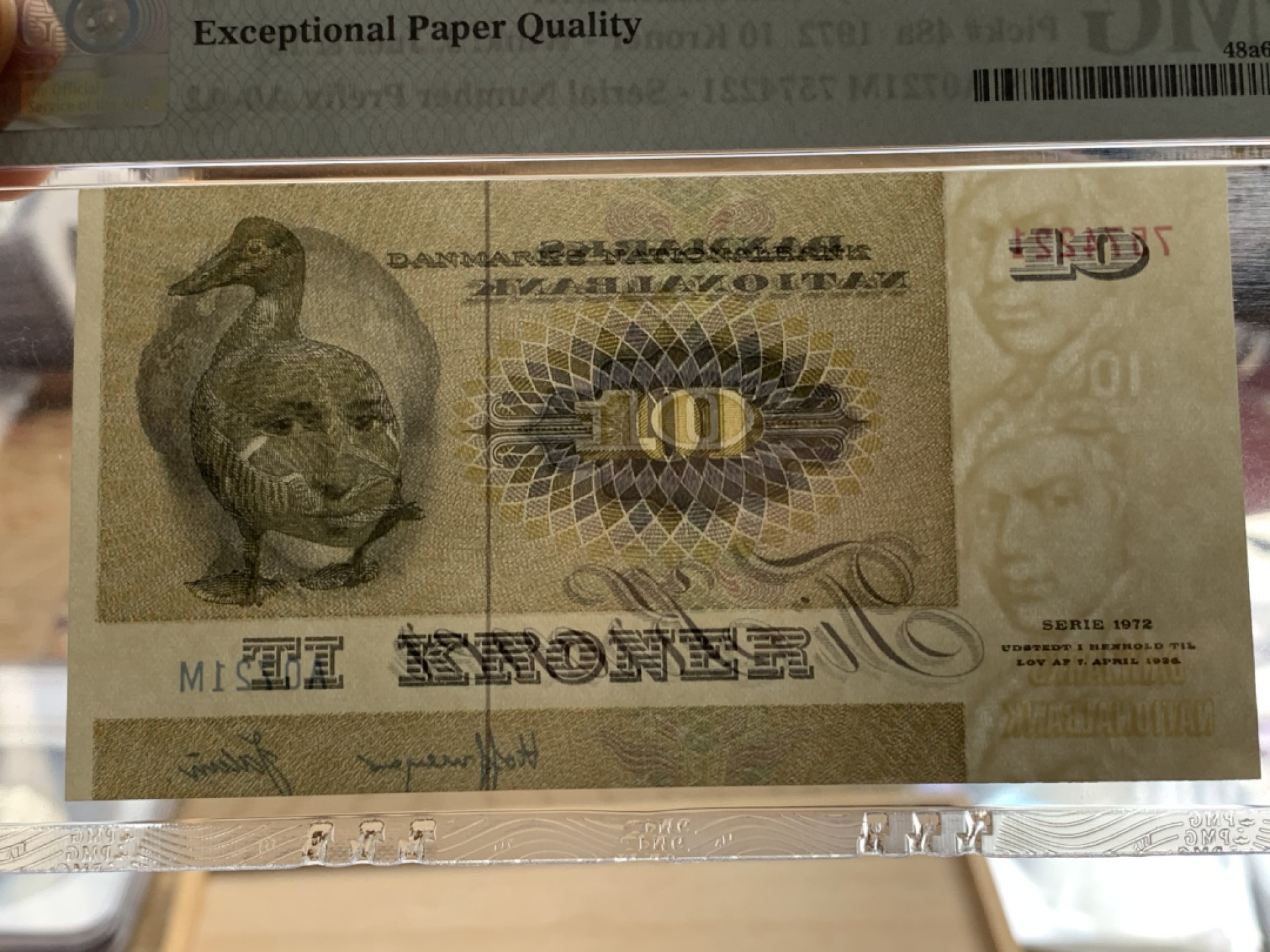 《竞宝斋》第128场-周日，周一 ，2场连拍（全场包邮） PMG EPQ66  丹麦1972 10克朗   经典丑小鸭  纸币保存不易 评级很贵  高分好品相