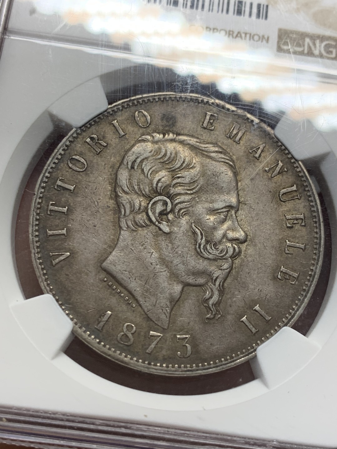 《竞宝斋》第128场-周日，周一 ，2场连拍（全场包邮） NGC AU58 意大利1873年5里拉大银币，深色重包浆，味道难得