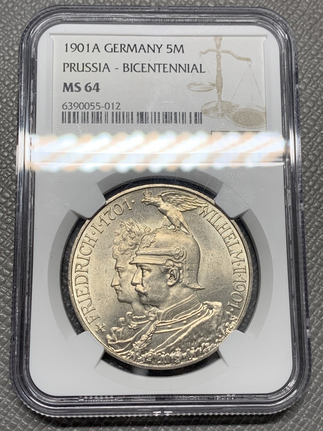 《竞宝斋》第128场-周日，周一 ，2场连拍（全场包邮） NGC MS64 德国 1901年 5马克 普鲁士建国200周年 经典双头长翅马克 状态不错
