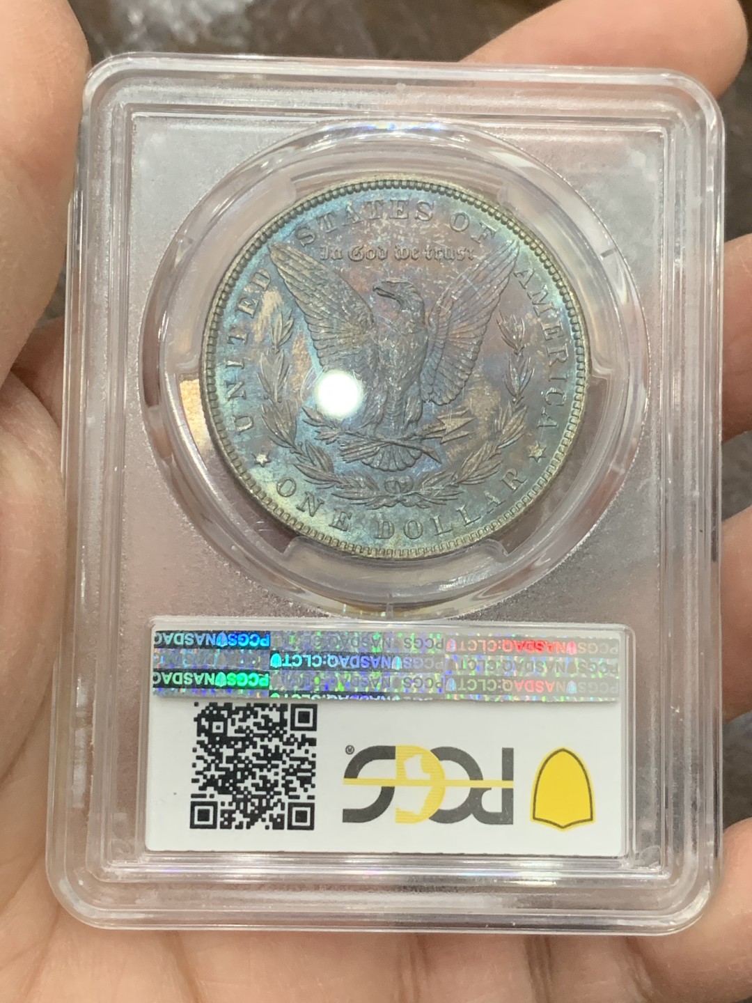《竞宝斋》第128场-周日，周一 ，2场连拍（全场包邮） PCGS MS64+ 美国 1886年摩根银币 双面满彩 鹰面孔雀蓝夹杂紫红彩 收藏级彩摩根