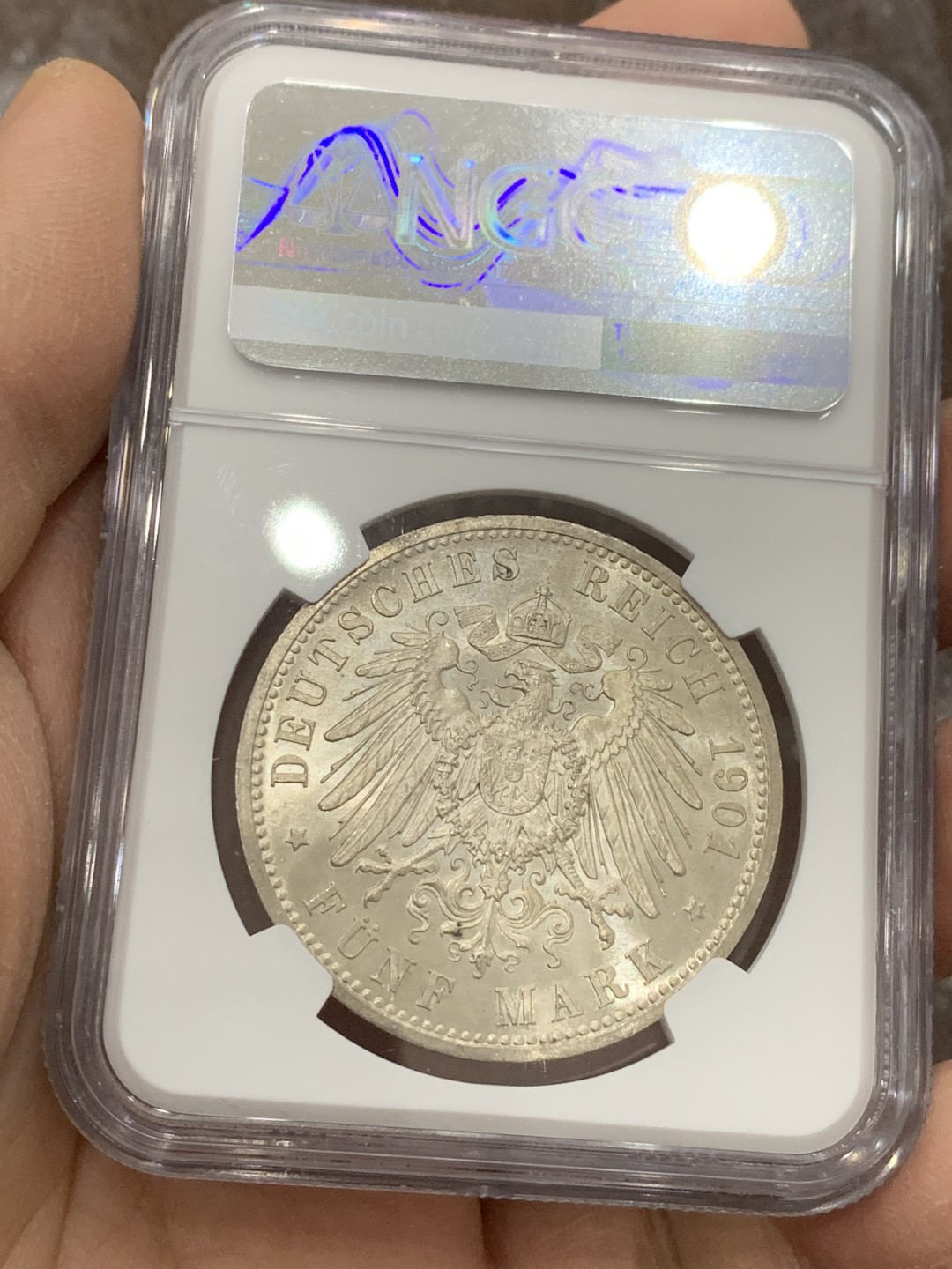 《竞宝斋》第128场-周日，周一 ，2场连拍（全场包邮） NGC MS64 德国 1901年 5马克 普鲁士建国200周年 经典双头长翅马克 状态不错