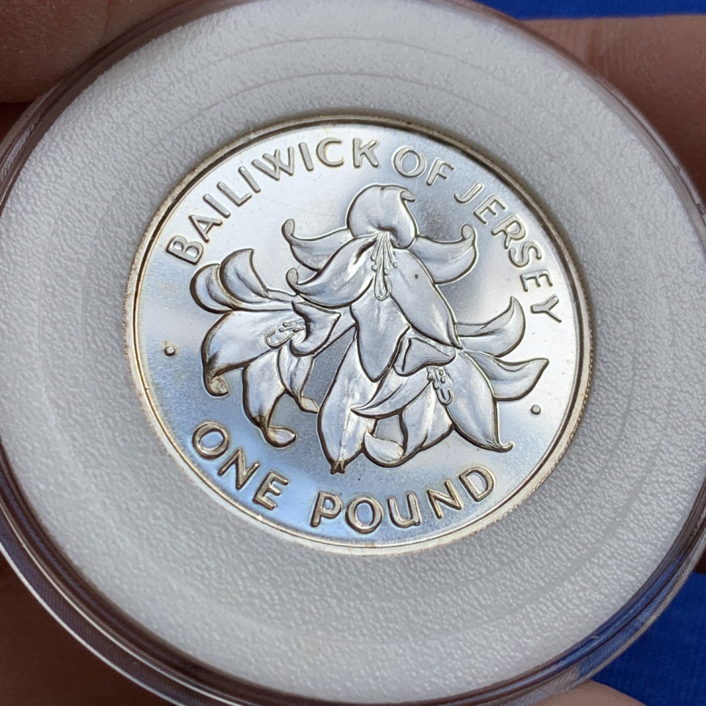 《竞宝斋》第128场-周日，周一 ，2场连拍（全场包邮） 泽西岛 1972  1磅  女王银婚  花卉银币 BU品