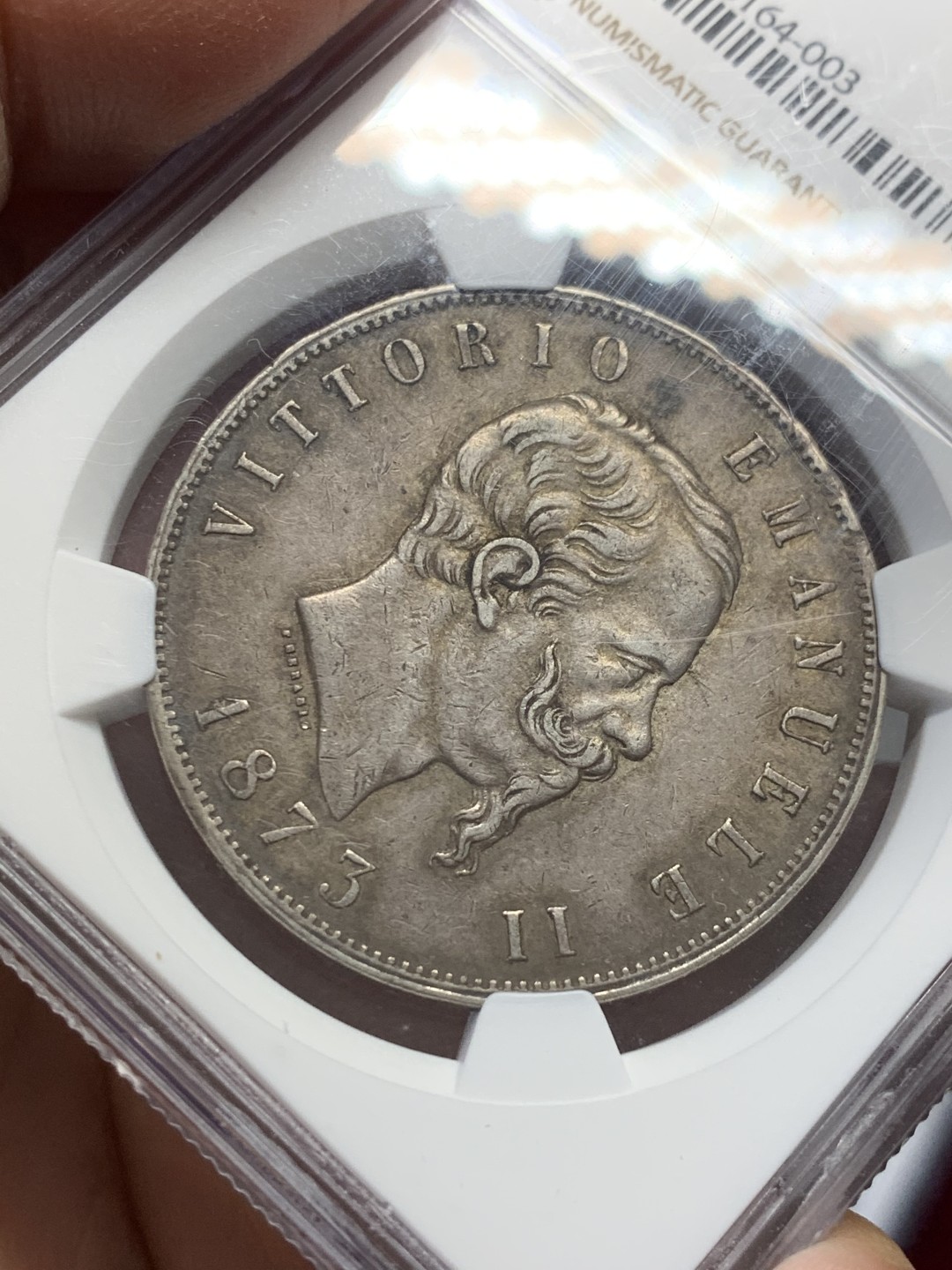 《竞宝斋》第128场-周日，周一 ，2场连拍（全场包邮） NGC AU58 意大利1873年5里拉大银币，深色重包浆，味道难得