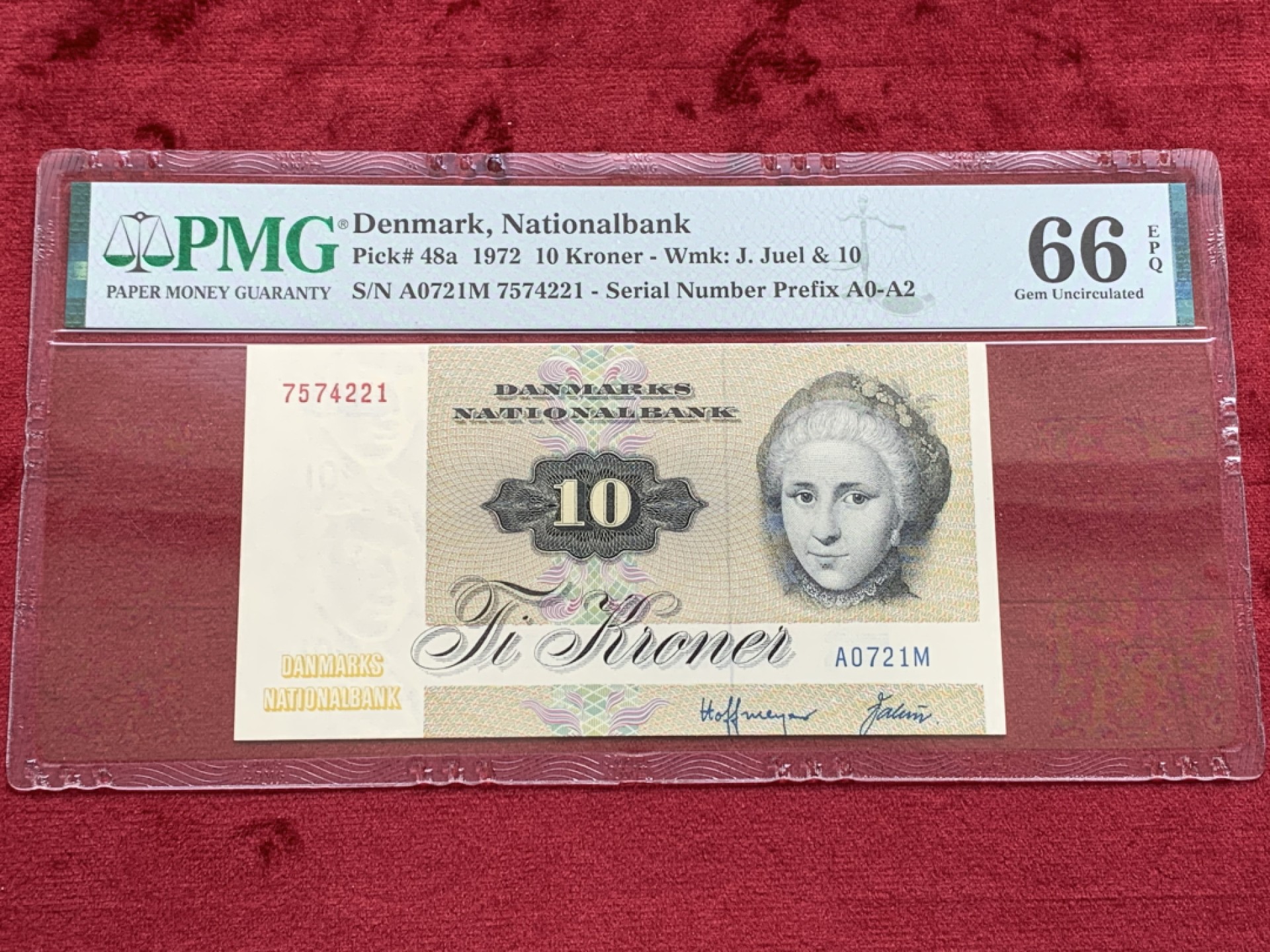 《竞宝斋》第128场-周日，周一 ，2场连拍（全场包邮） PMG EPQ66  丹麦1972 10克朗   经典丑小鸭  纸币保存不易 评级很贵  高分好品相