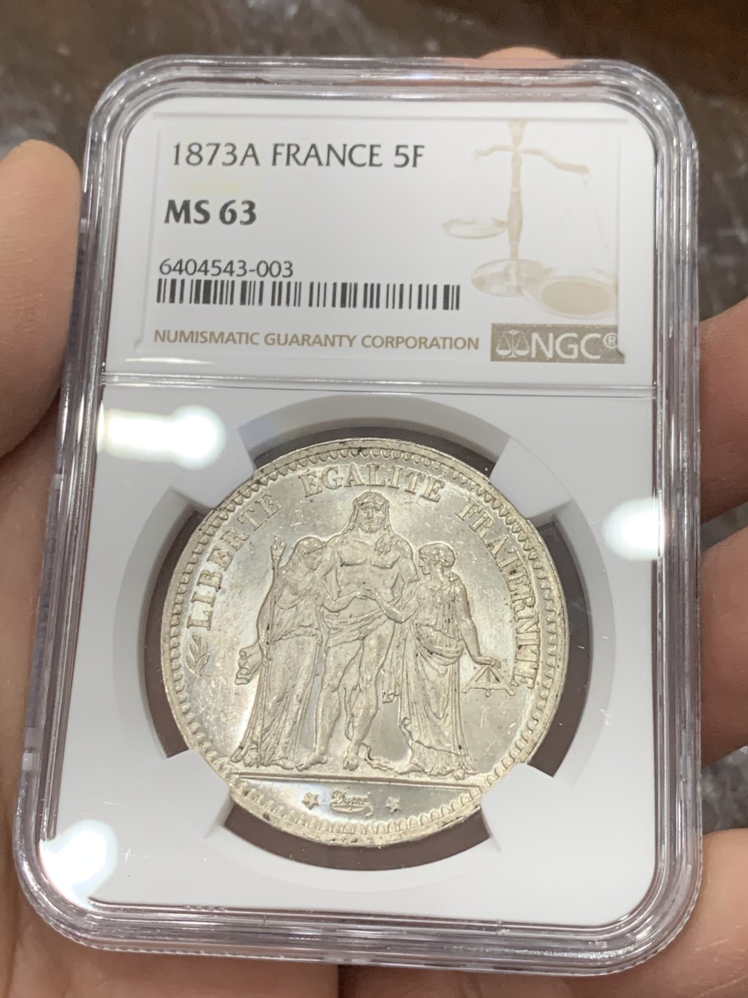 《竞宝斋》第128场-周日，周一 ，2场连拍（全场包邮） NGC MS63 法国 1873A 大力神  5法郎 银币 这个状态比较难得