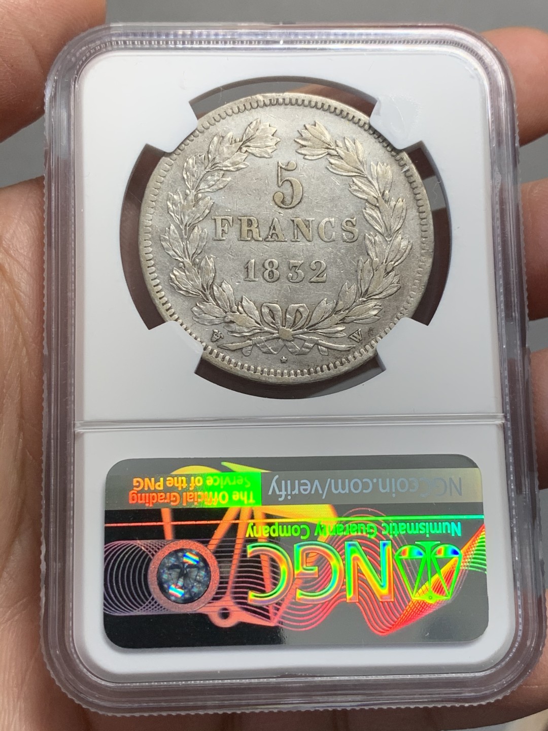 《竞宝斋》第128场-周日，周一 ，2场连拍（全场包邮） NGC XF 法国 1832年W版  菲利普 5法郎银币