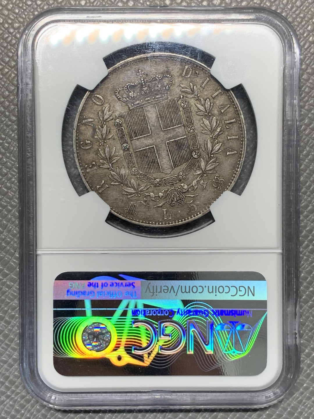 《竞宝斋》第128场-周日，周一 ，2场连拍（全场包邮） NGC AU58 意大利1873年5里拉大银币，深色重包浆，味道难得