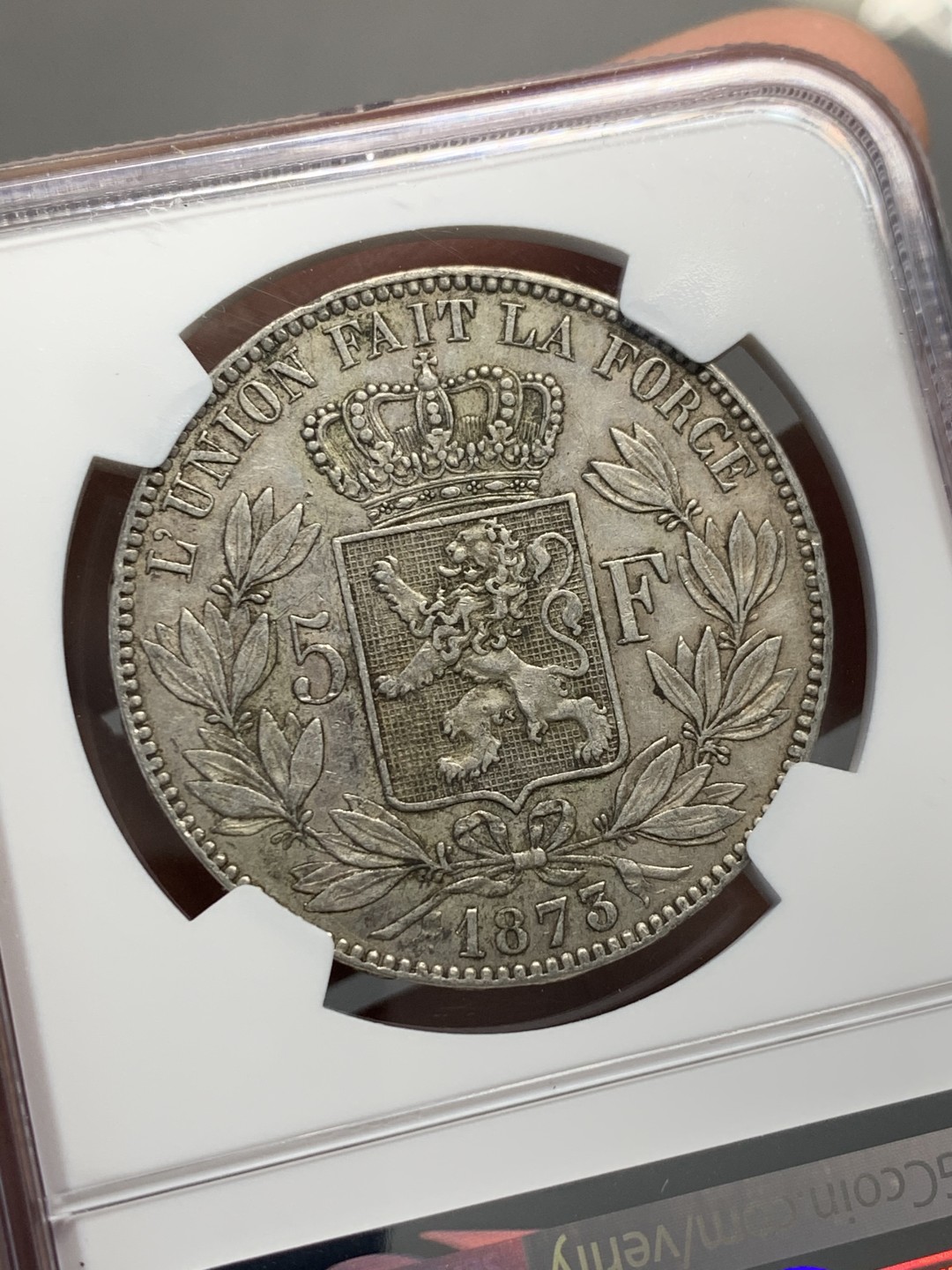 《竞宝斋》第128场-周日，周一 ，2场连拍（全场包邮） NGC-AU53 比利时1873年 利奥波德二世 5法郎大银币 原味老包浆