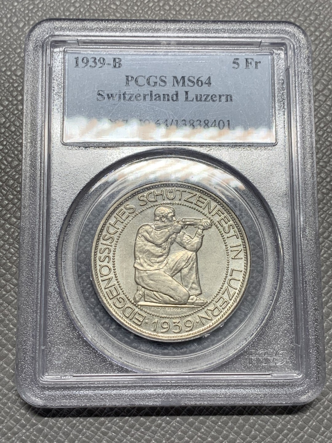 《竞宝斋》第128场-周日，周一 ，2场连拍（全场包邮） PCGS MS64 1939年 瑞士 卢塞恩射击节 5法郎