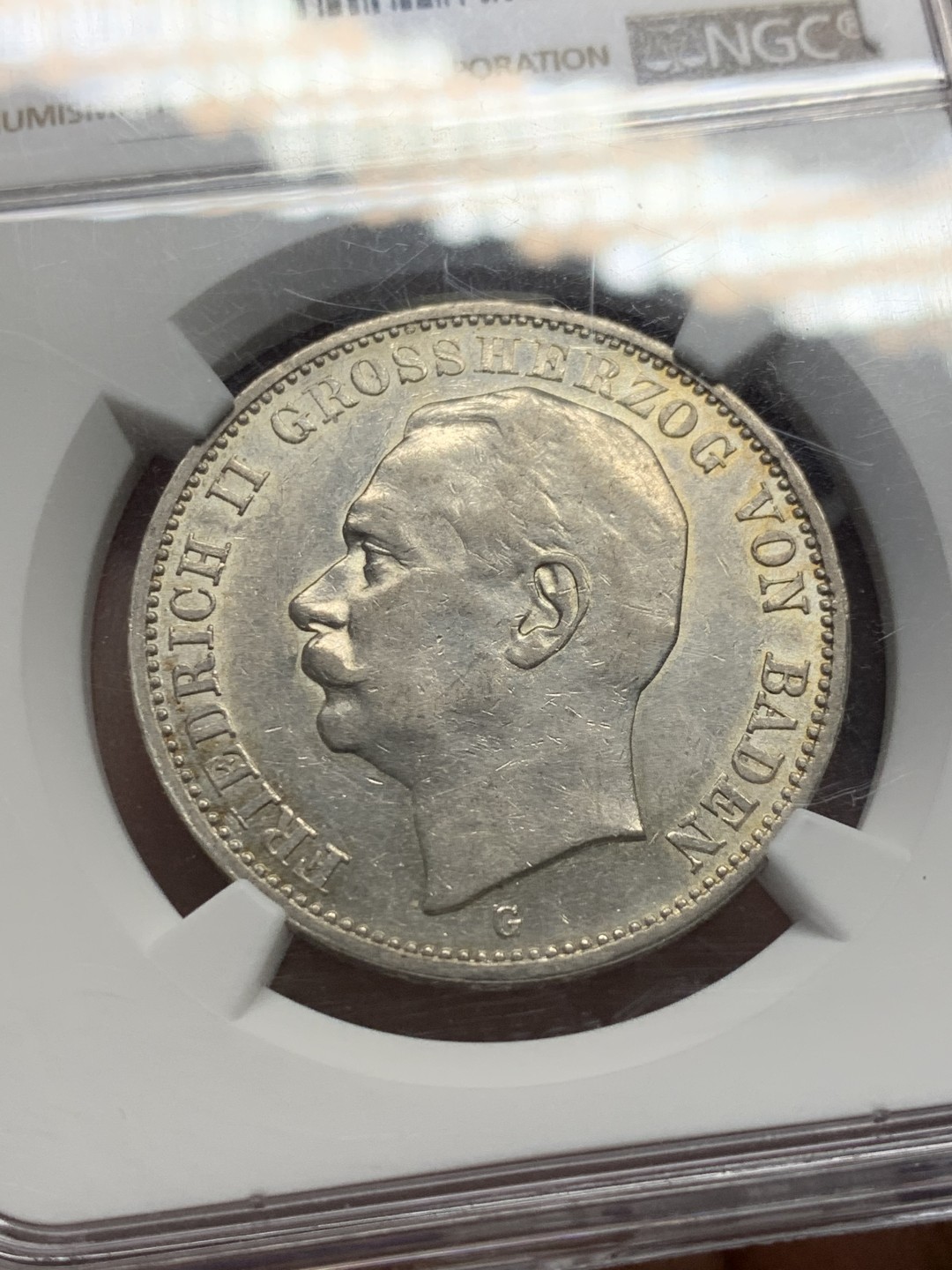 《竞宝斋》第128场-周日，周一 ，2场连拍（全场包邮） NGC-AUD 德国 1911年 巴登3马克银币 带淡黄油包浆 光度不错