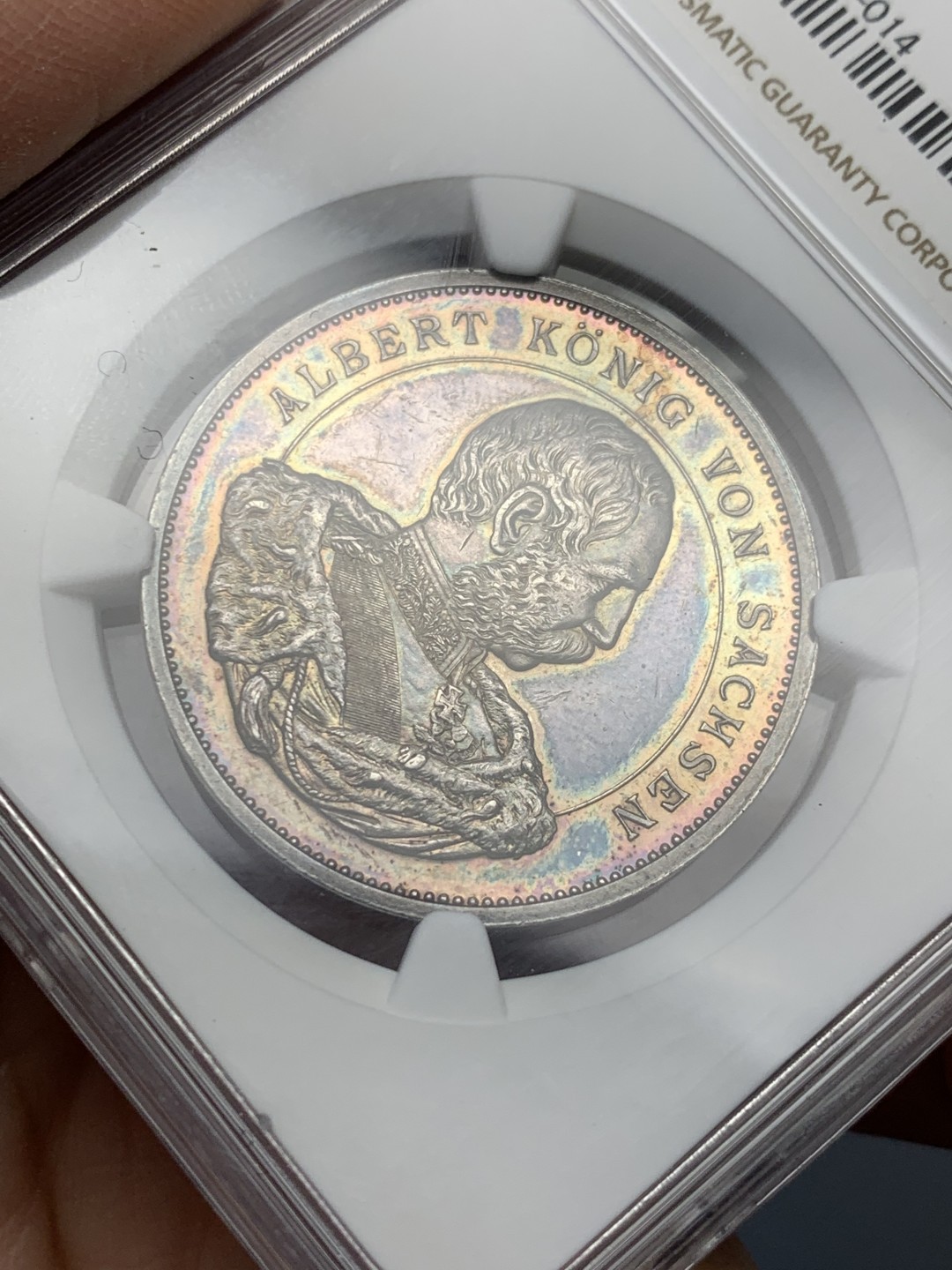 《竞宝斋》第128场-周日，周一 ，2场连拍（全场包邮） NGC-MS61,萨克森1889年维丁王朝800周年纪念银章，双面幻彩，上分不易