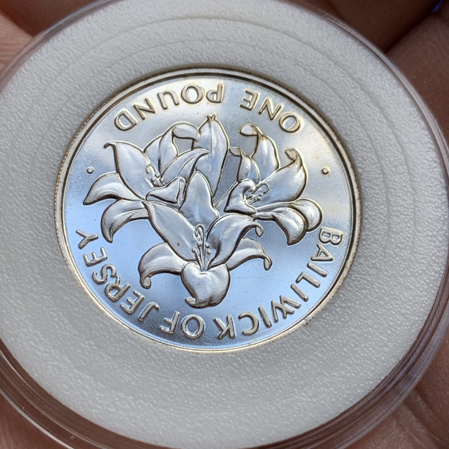 《竞宝斋》第128场-周日，周一 ，2场连拍（全场包邮） 泽西岛 1972  1磅  女王银婚  花卉银币 BU品