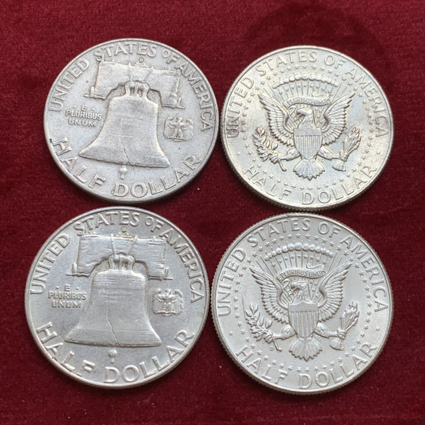 《竞宝斋》第128场-周日，周一 ，2场连拍（全场包邮） 美国900银 银币4枚 2枚富兰克林半美元，2枚肯尼迪半美元 单枚12.5克 都是高银版 合计50克900银