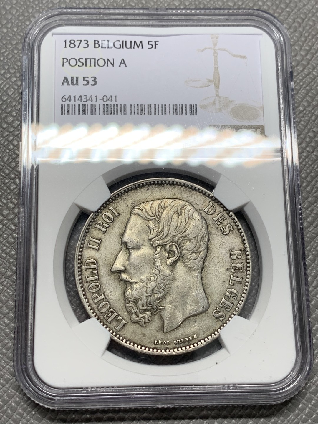 《竞宝斋》第128场-周日，周一 ，2场连拍（全场包邮） NGC-AU53 比利时1873年 利奥波德二世 5法郎大银币 原味老包浆