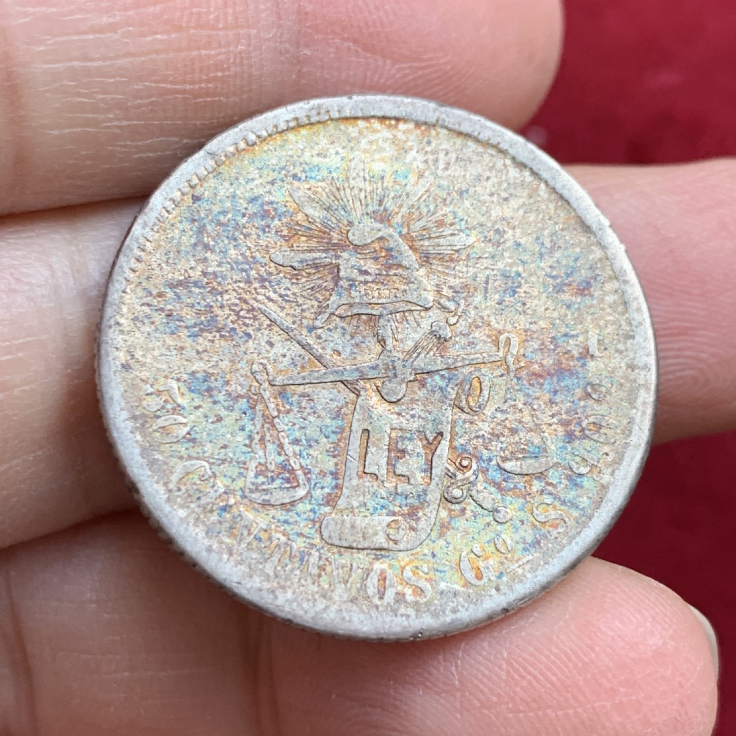 《竞宝斋》第128场-周日，周一 ，2场连拍（全场包邮） 墨西哥 1877年  天秤鹰洋 50分银币 半圆此较少 五彩