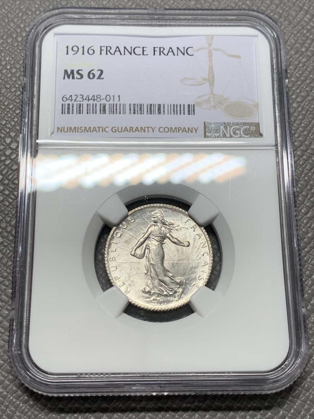 《竞宝斋》第128场-周日，周一 ，2场连拍（全场包邮） NGC MS62 法国 1916年 1法郎 银币