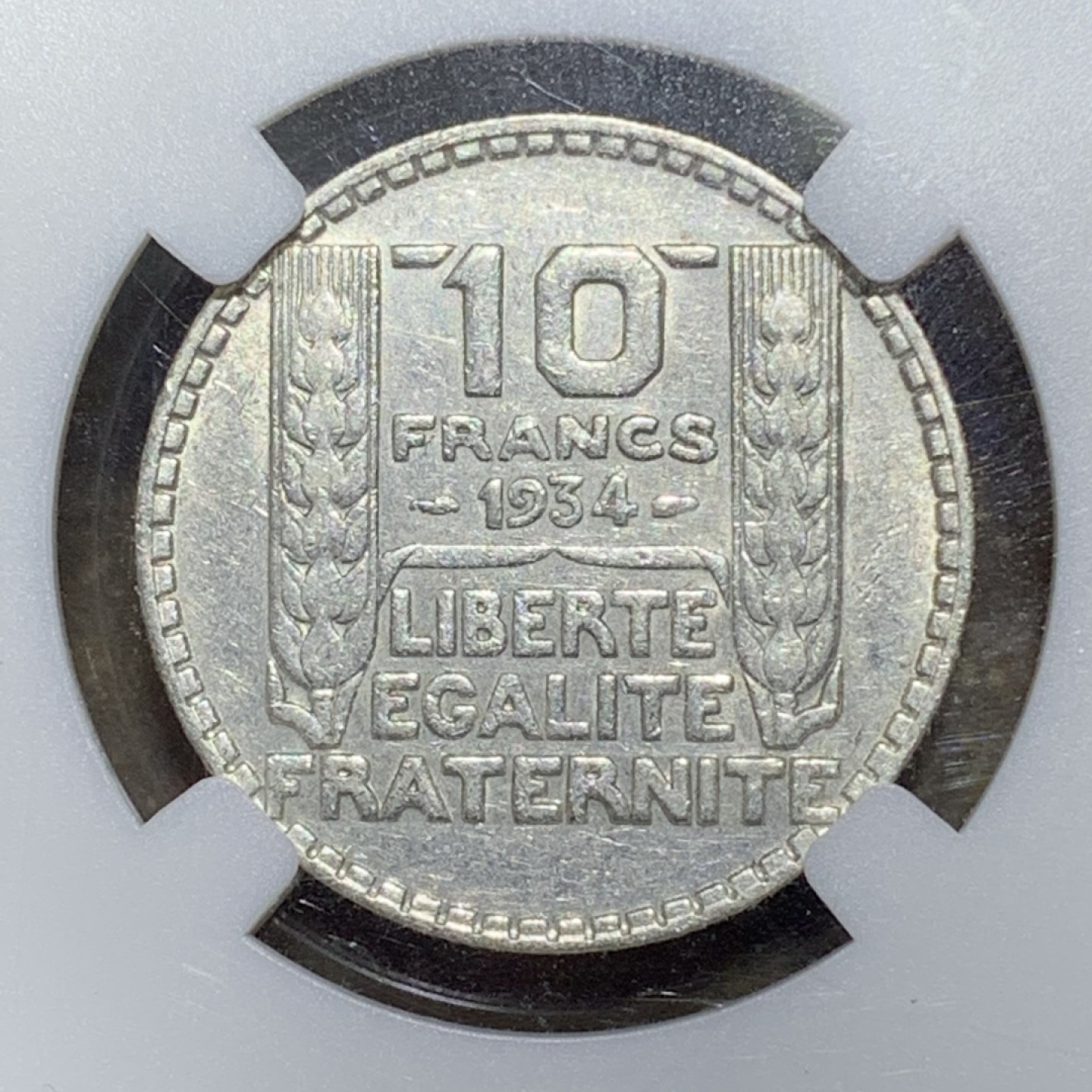 1934年，10法郎，法国谷物女神银币一枚，