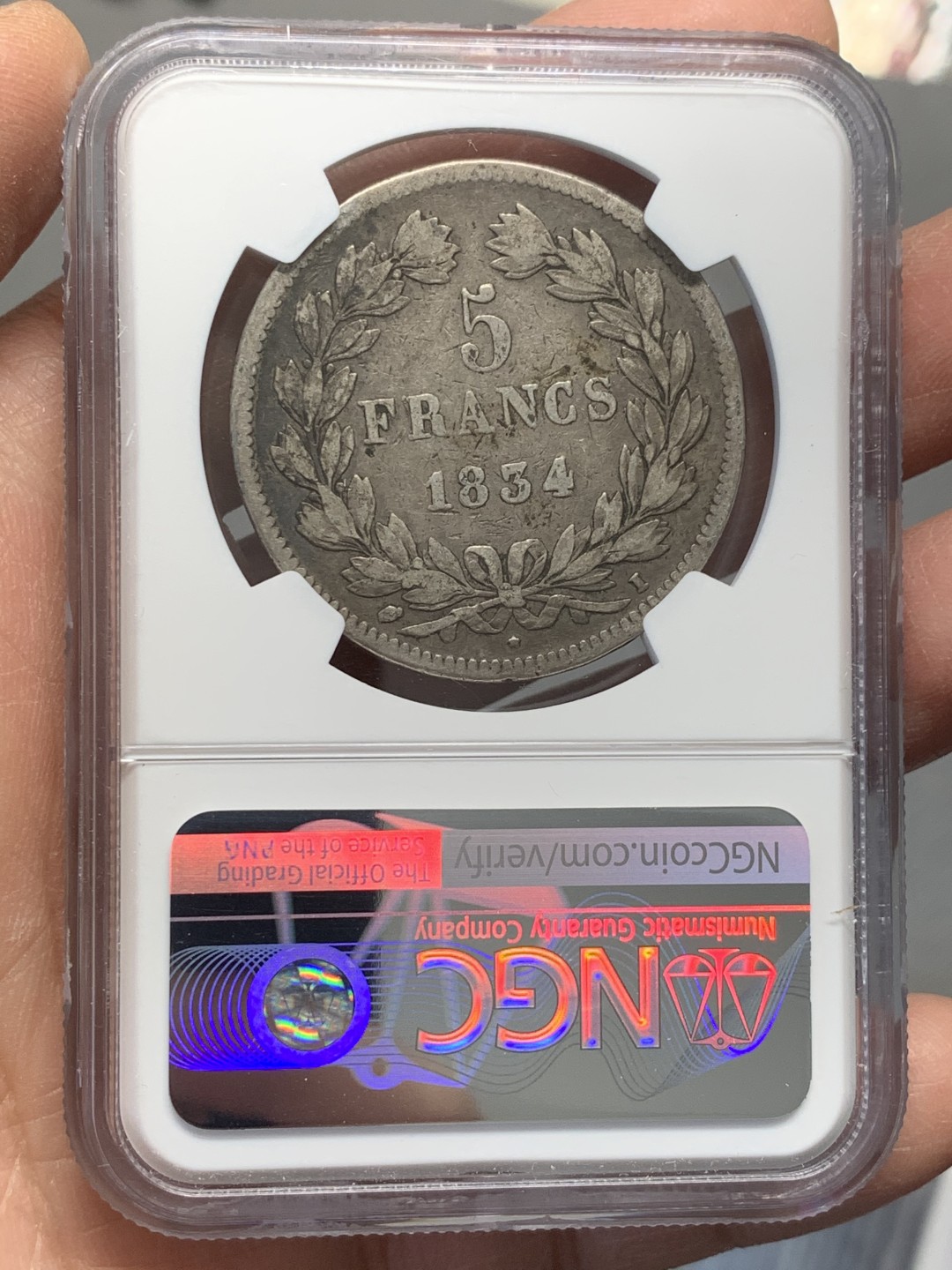 《竞宝斋》第128场-周日，周一 ，2场连拍（全场包邮） NGC VF35 法国 1834年I版 5法郎银币 原味包浆