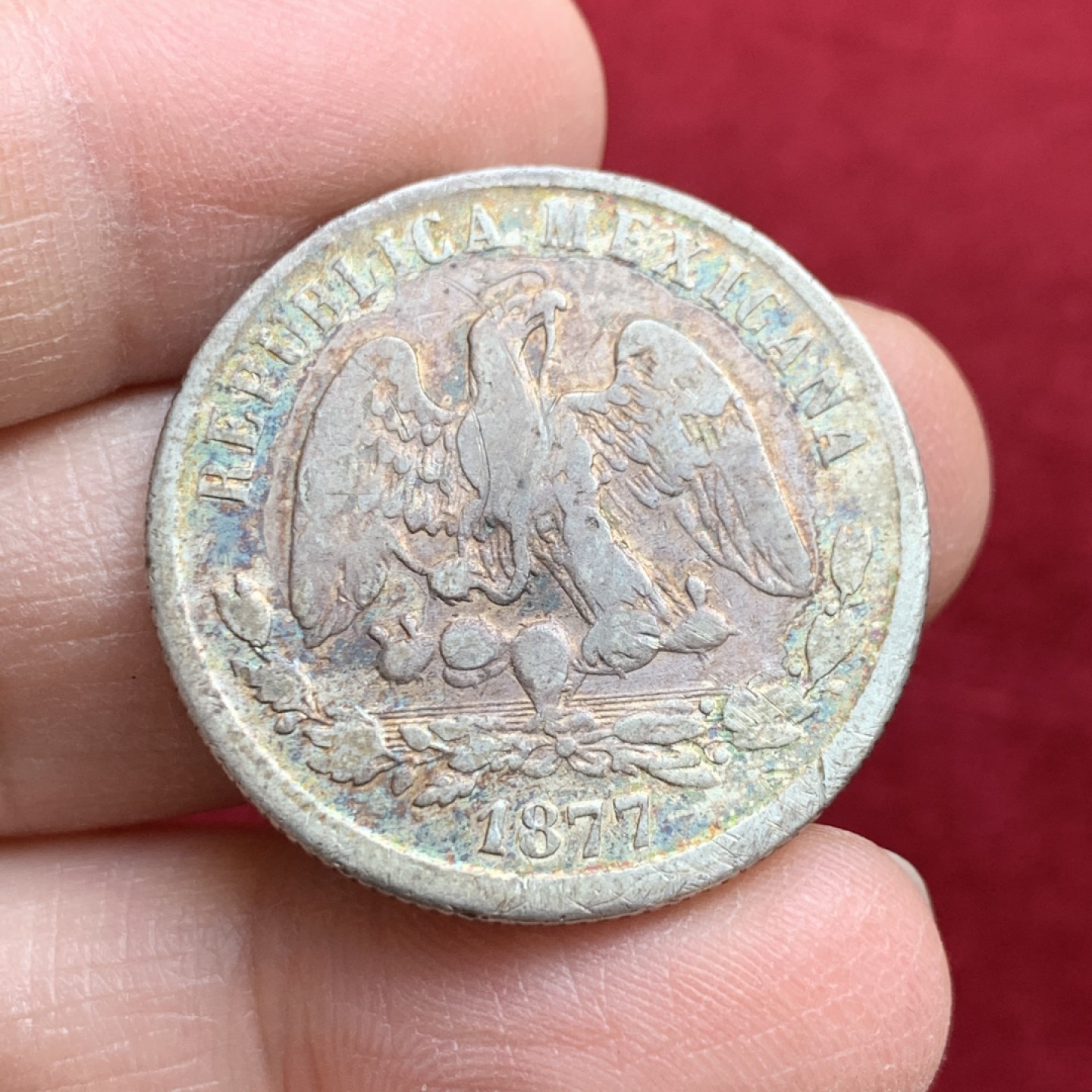 《竞宝斋》第128场-周日，周一 ，2场连拍（全场包邮） 墨西哥 1877年  天秤鹰洋 50分银币 半圆此较少 五彩