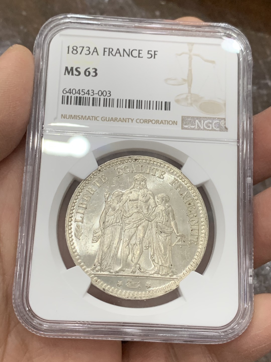 《竞宝斋》第128场-周日，周一 ，2场连拍（全场包邮） NGC MS63 法国 1873A 大力神  5法郎 银币 这个状态比较难得